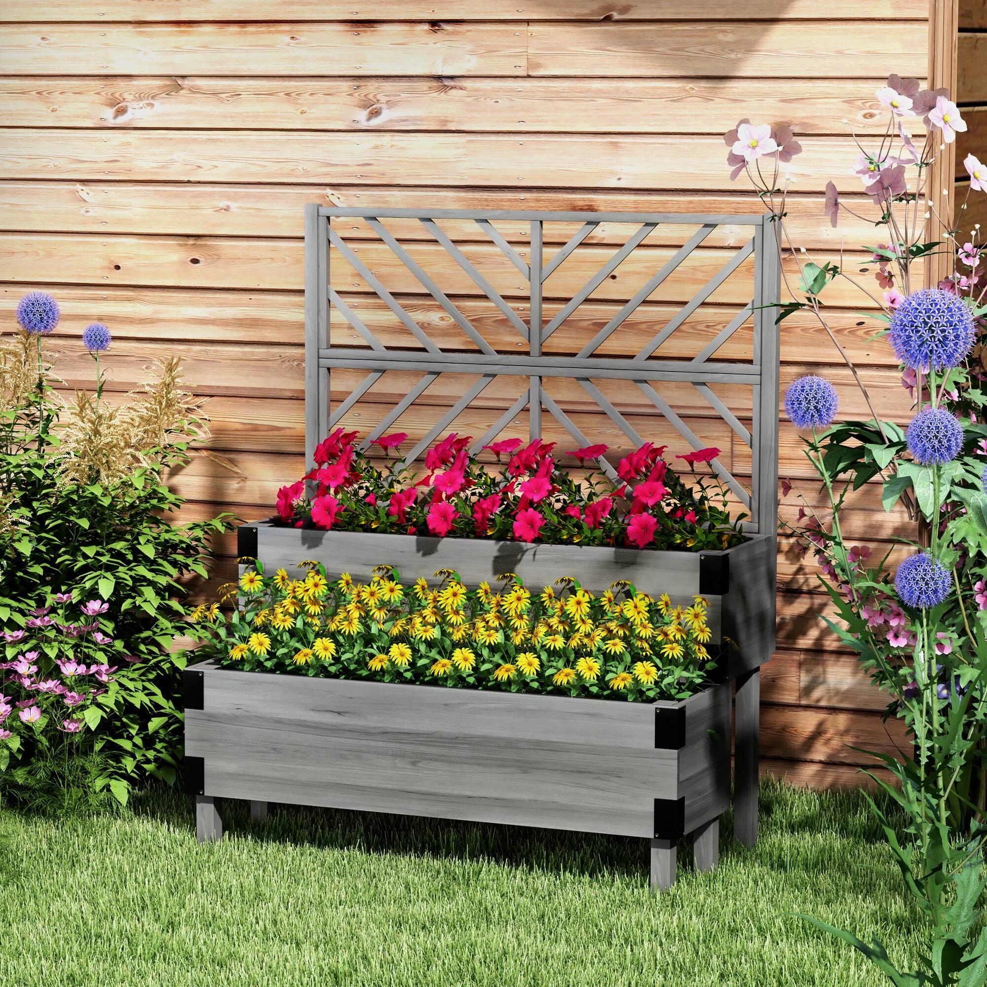 Alt View 1. Outsunny - Raised Garden Bed with Trellis, 2 Tier Wooden Elevated Planter Box with Legs and Metal Corners for Vegetables, Flowers - Gray.