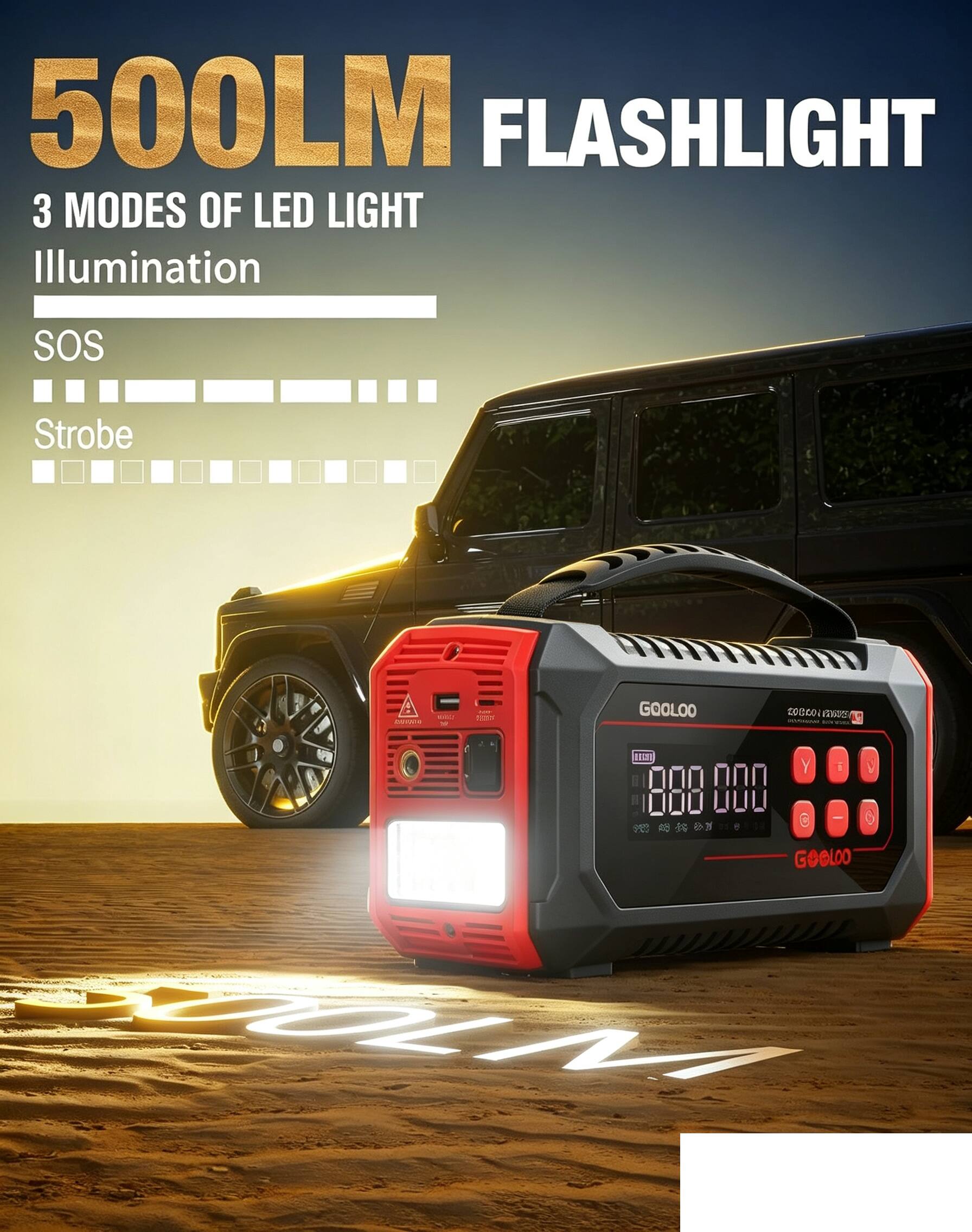 500LM FLASHLIGHT  
3 MODES OF LED LIGHT  
Illumination  
SOS  
Strobe  

GOOLOO  
500LM
