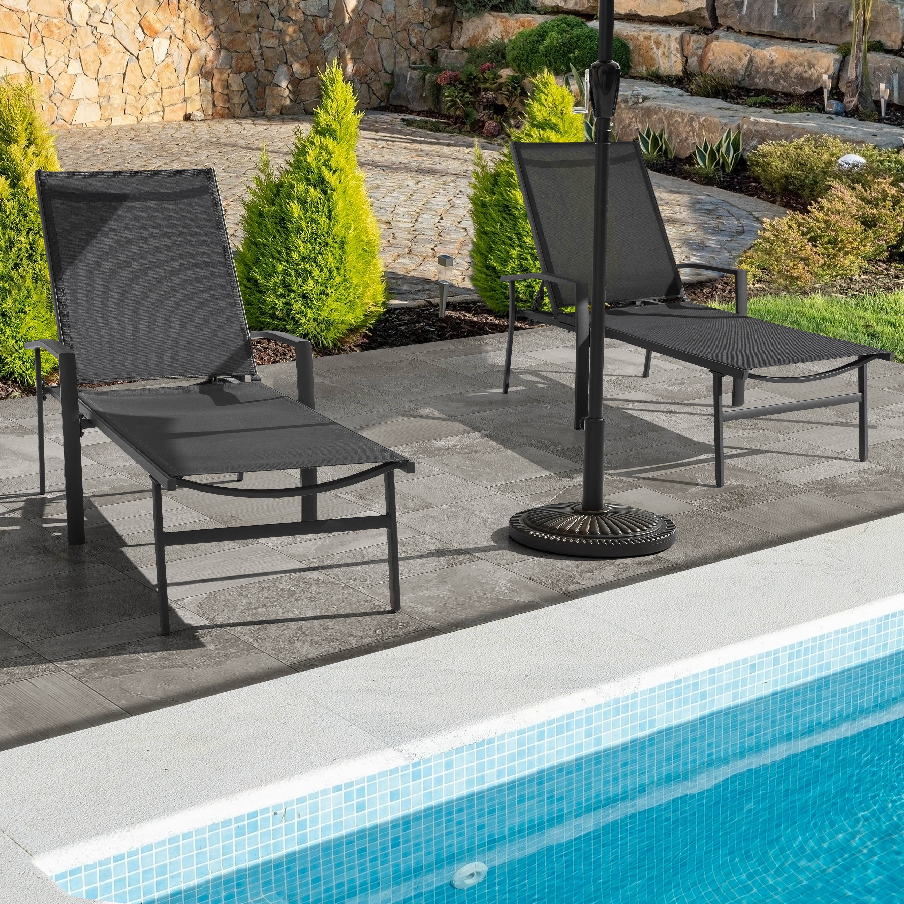 Left. Nuu Garden - Outdoor 33 lb. Round Patio Umbrella Base, Polyethylene and Concrete - Black with gold-painted edge.