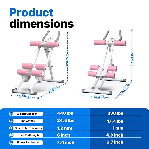 Product dimensions  
19.69 inch x 37.6 inch x 37.2 inch  
BCRAEH  
19.69 inch x 36.22 inch x 39.37 inch  

Weight Capacity  
440 lbs  
330 lbs  

Net weight  
24.5 lbs  
17.4 lbs  

Steel Tube Thickness  
1.2 mm  
1 mm  

Knee Pad Length  
6 inch  
4.9 inch  

Elbow Pad Length  
7.4 inch  
6.7 inch