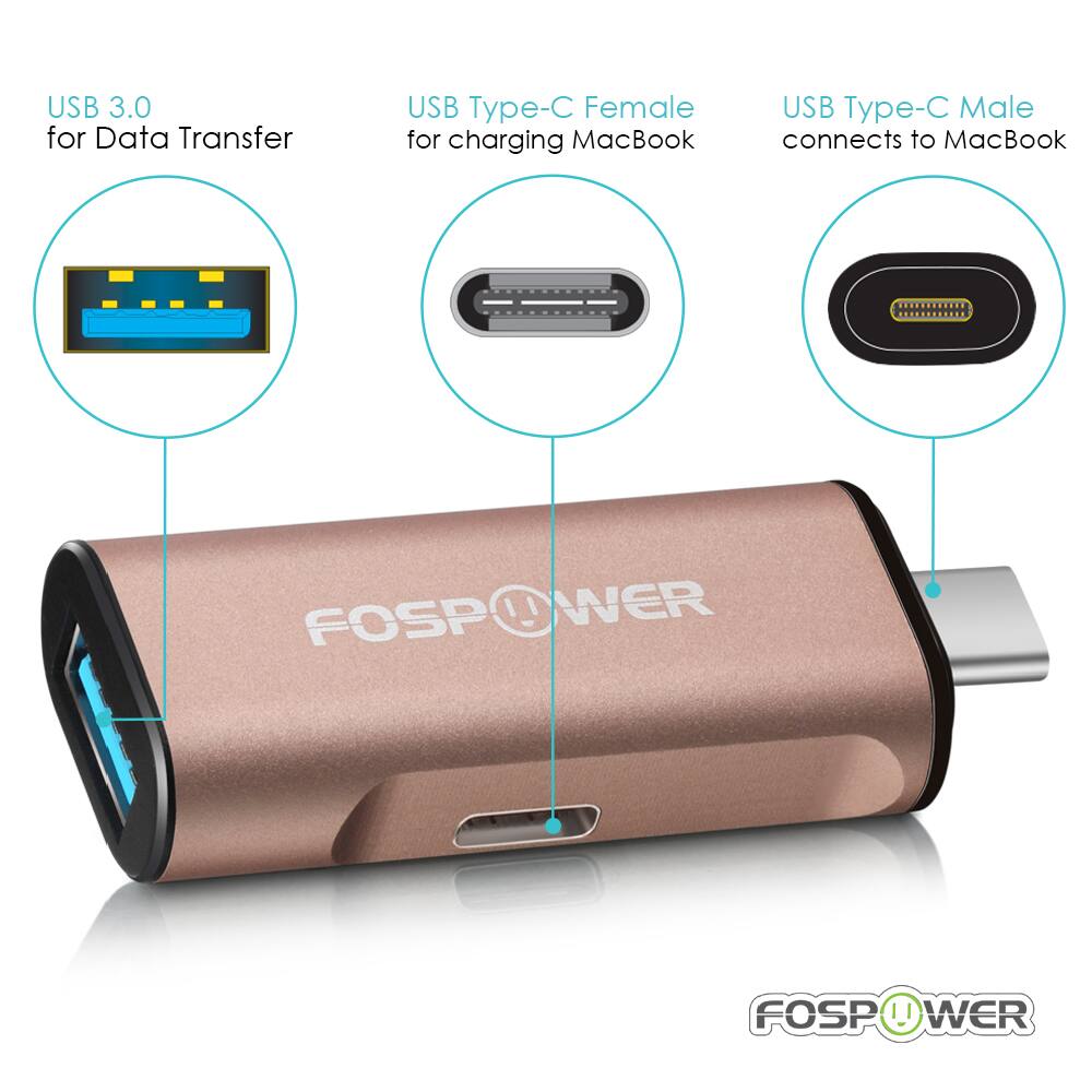 USB 3.0 for Data Transfer  
USB Type-C Female for charging MacBook  
USB Type-C Male connects to MacBook  

FOSPOWER