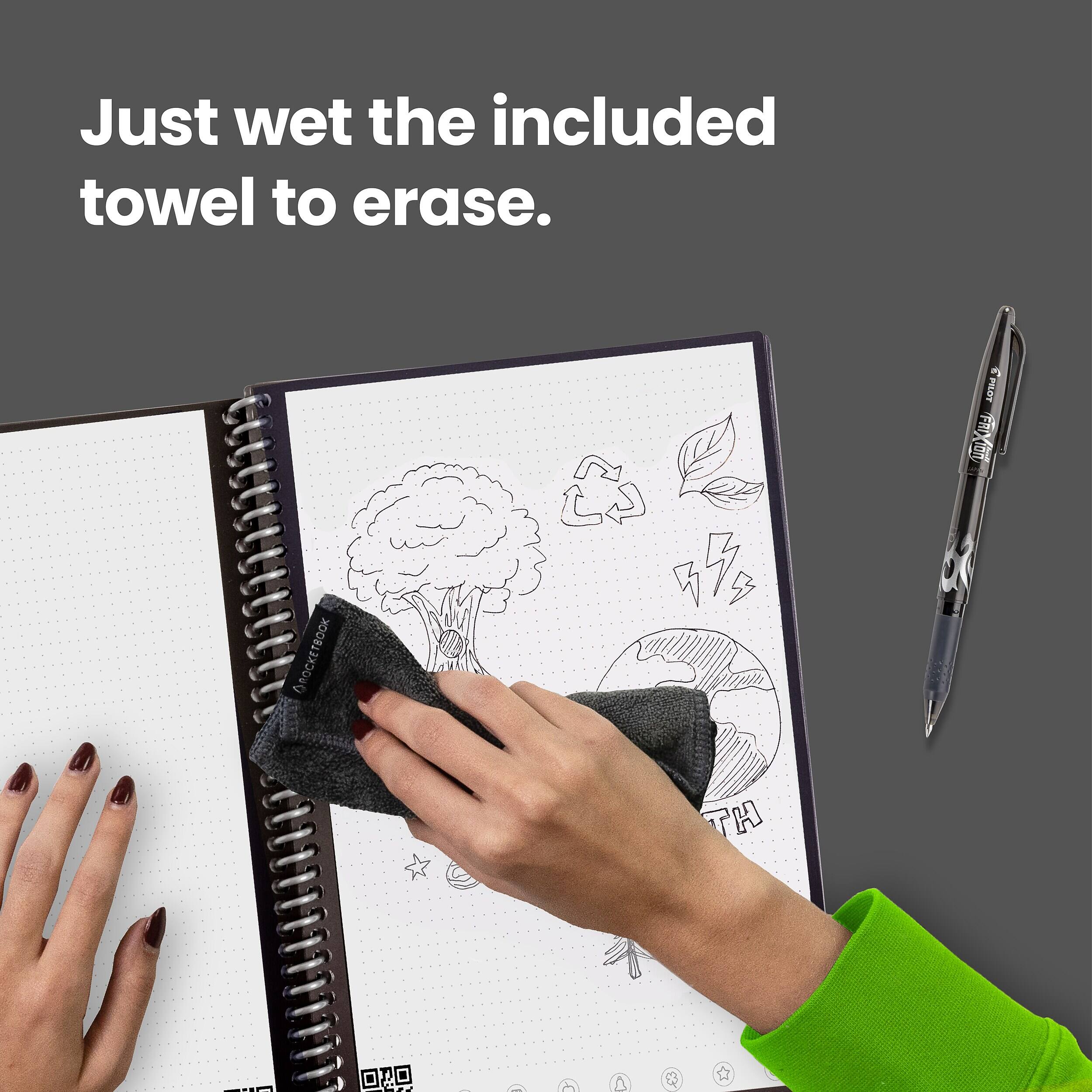 Just wet the included towel to erase.

PILOT FRIX
DROCKETBOOK