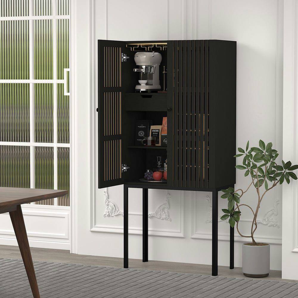 Alt View 1. Kadyn - Wine Bar Cabinet with Tall Legs, Grey Liquor Cabinet with Removable Wine Racks, Pantry Storage Cabinet, Gray - Gray.