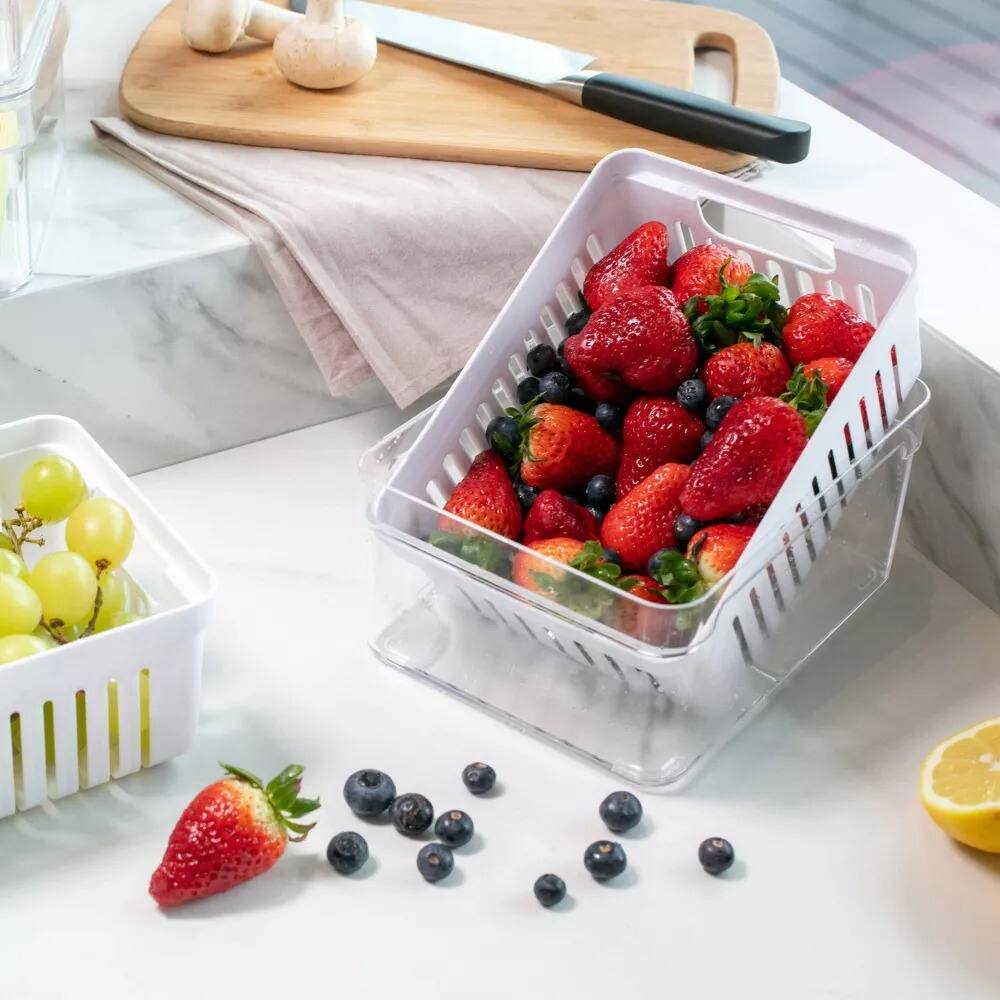 Back. OU - OU Fridge Organizer Bins with Drain Baskets & Vented Lids, Clear Stackable Refrigerator Container - Clear.