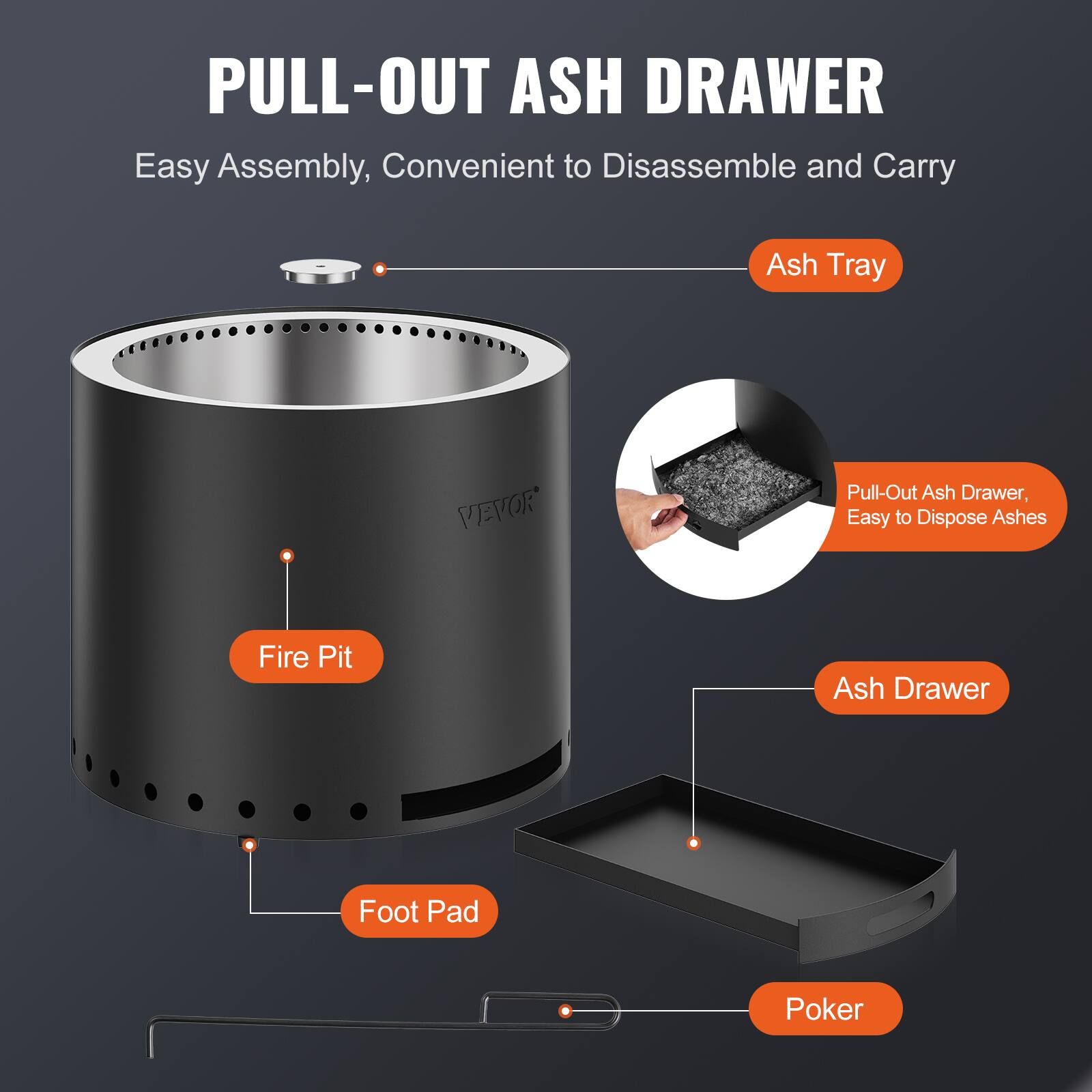 PULL-OUT ASH DRAWER  
Easy Assembly, Convenient to Disassemble and Carry  

Ash Tray  
Fire Pit  
Foot Pad  
Ash Drawer  
Poker  

Pull-Out Ash Drawer, Easy to Dispose Ashes