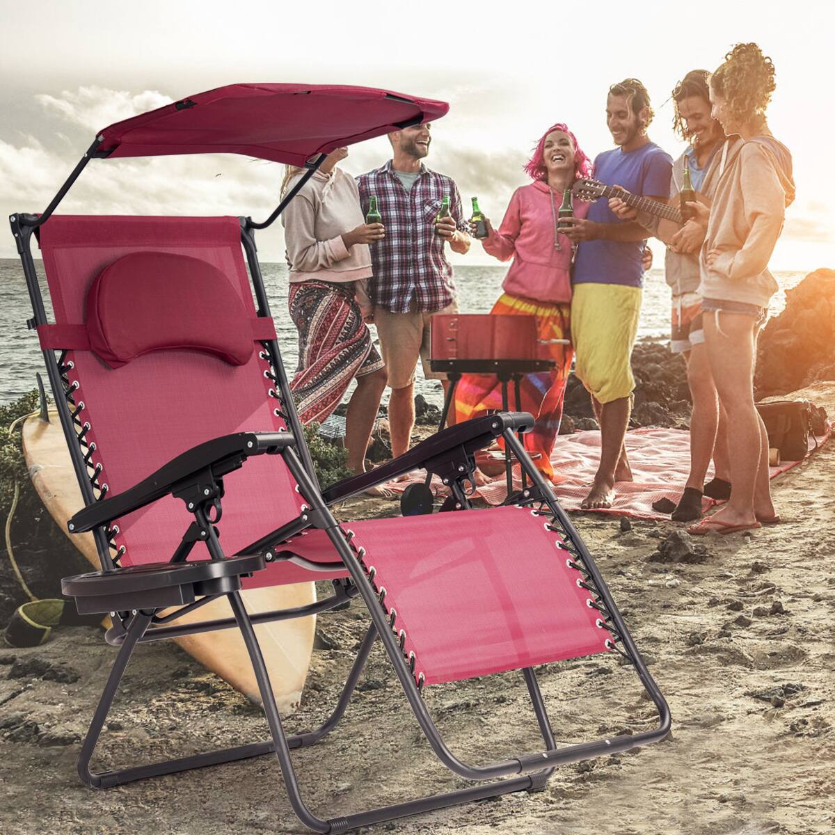 Alt View 3. Costway - Costway Folding Recliner Zero Gravity Lounge Chair W/ Shade Canopy Cup Holder - Wine Red.