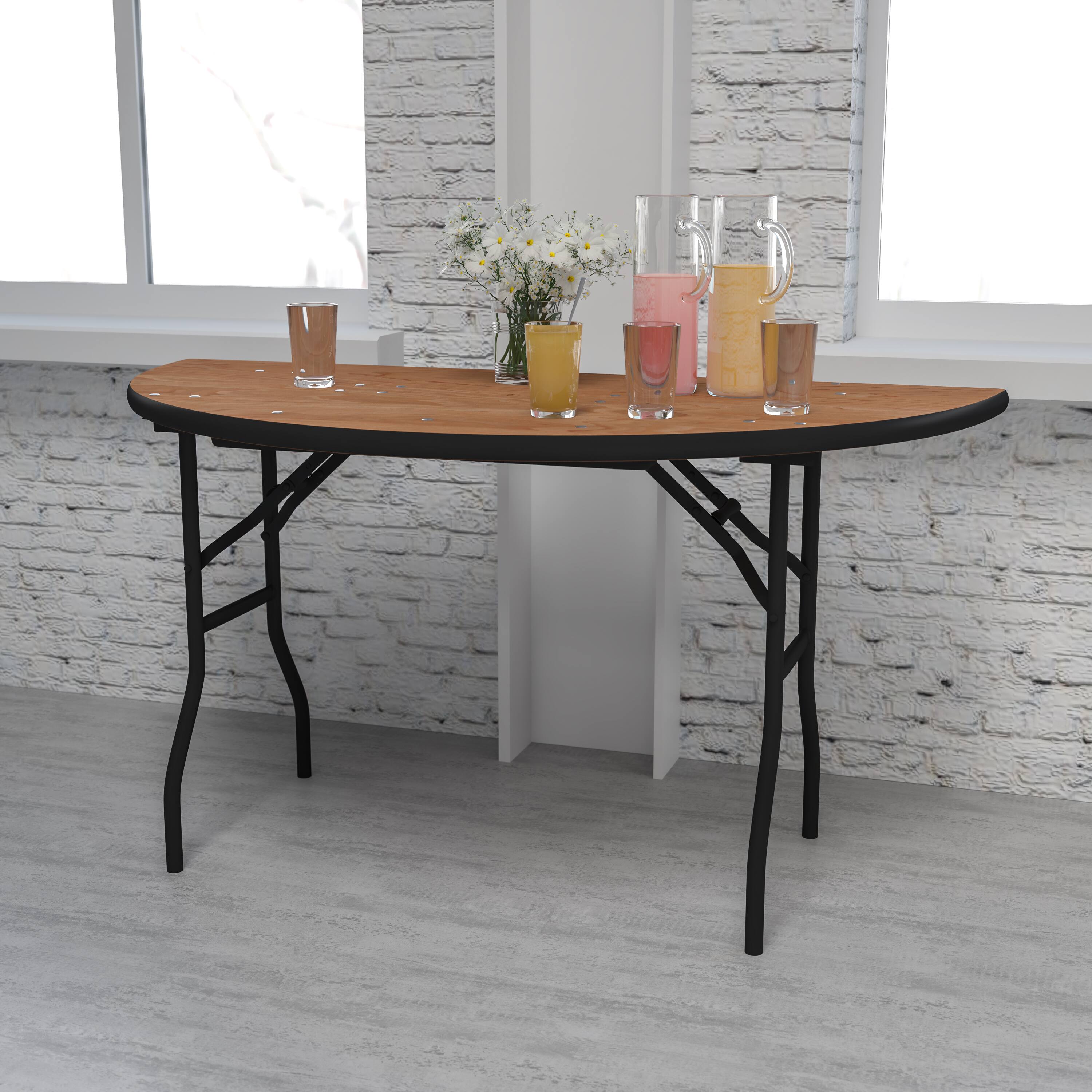 Alt View 1. Emma + Oliver - 5-Foot Half-Round Wood Folding Banquet Table - Natural.
