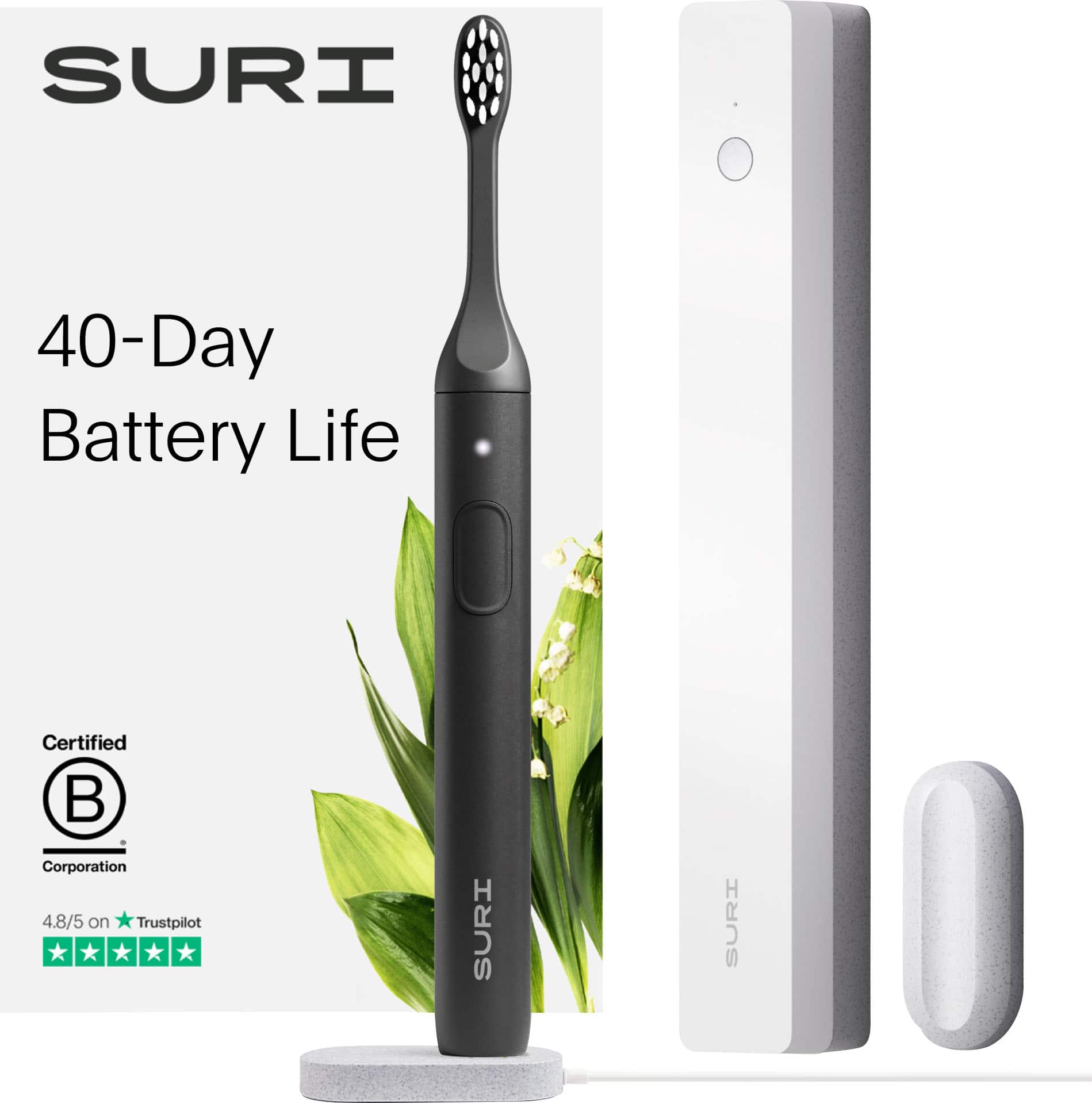 SURI - S1 Electric Toothbrush with UV Light Cleaning and Charging Case and Mirror Mount - Black - Front_Zoom