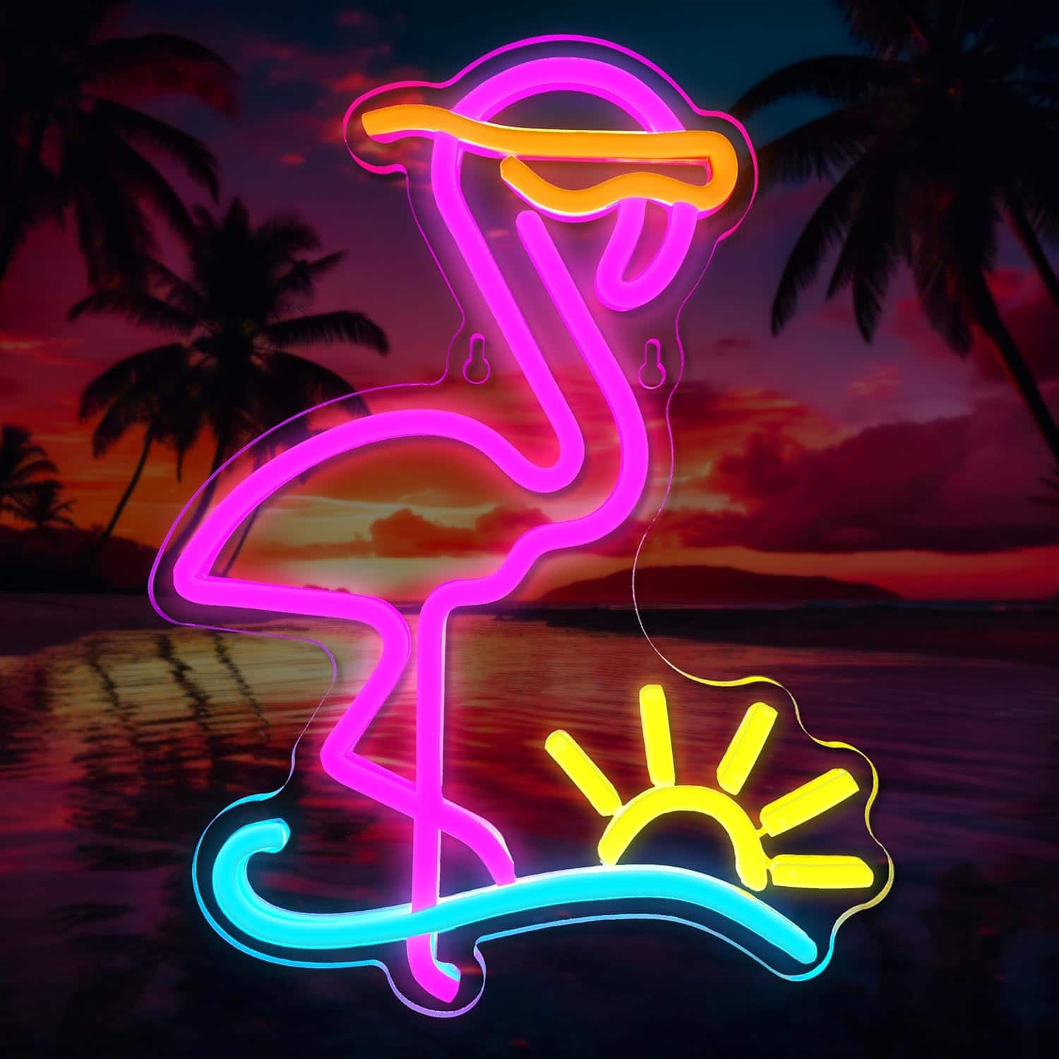 Auledio - Flamingo Neon Sign Dimmable Flamingo Led Neon Lights Sun Wave Neon Signs for Living Room Restaurant Bar Club Party - Multicolor