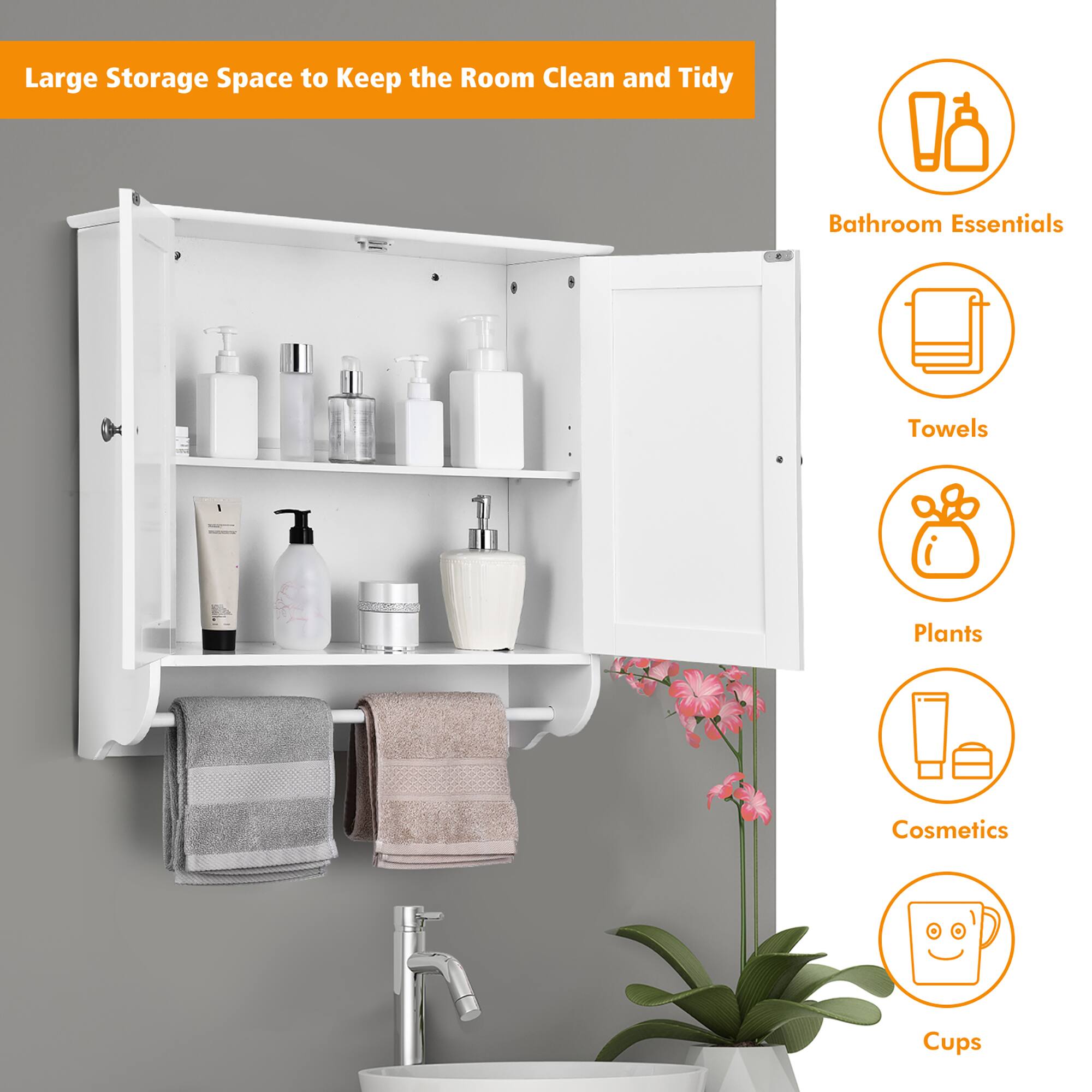 Large Storage Space to Keep the Room Clean and Tidy

- Bathroom Essentials
- Towels
- Plants
- Cosmetics
- Cups