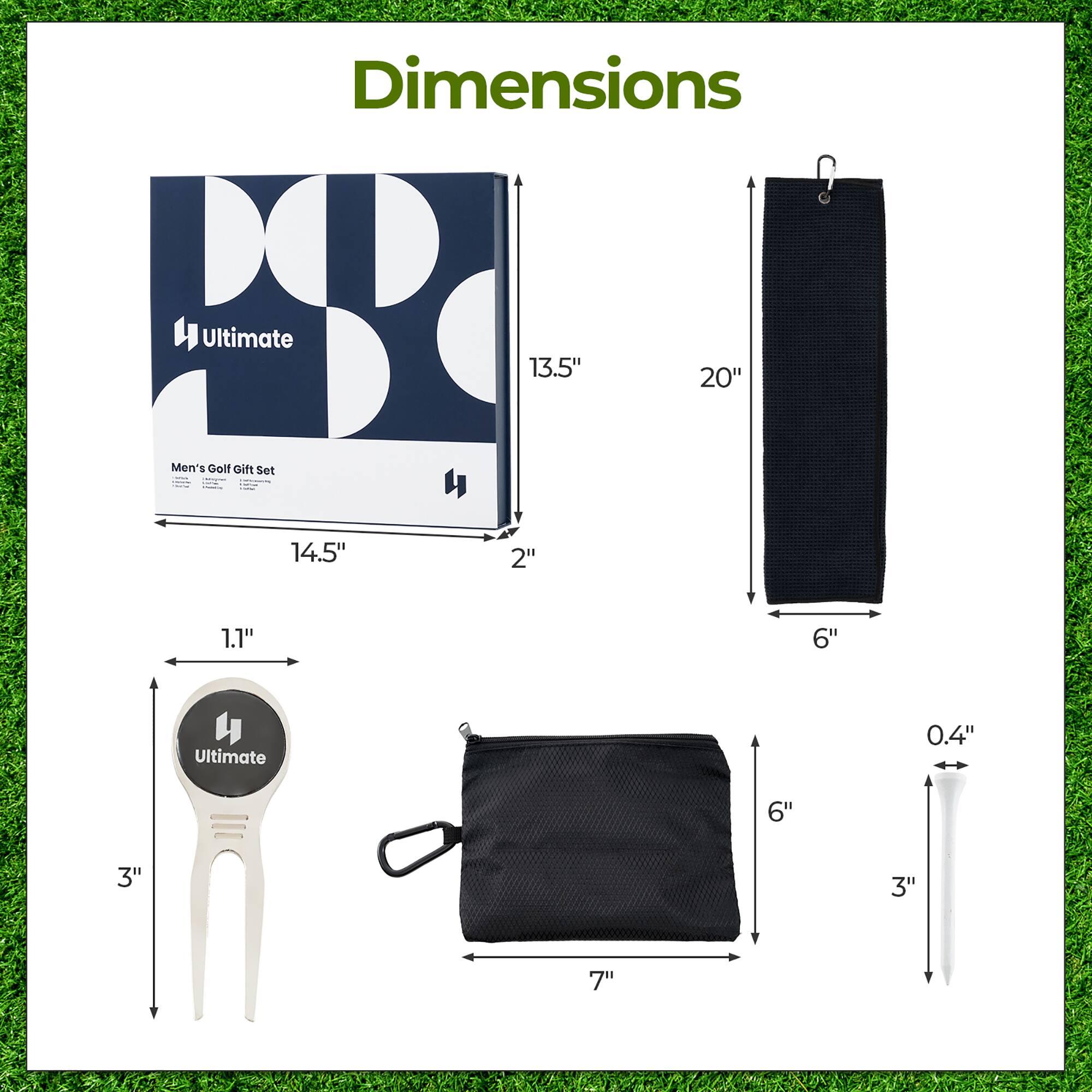 Dimensions Ultimate Men's Golf Gift Set  
- Box: 13.5" x 14.5" x 2"  
- Club: 6" x 3" x 1.1"  
- Putter: 6" x 3" x 0.4"  
- Bag: 20" x 6" x 7"