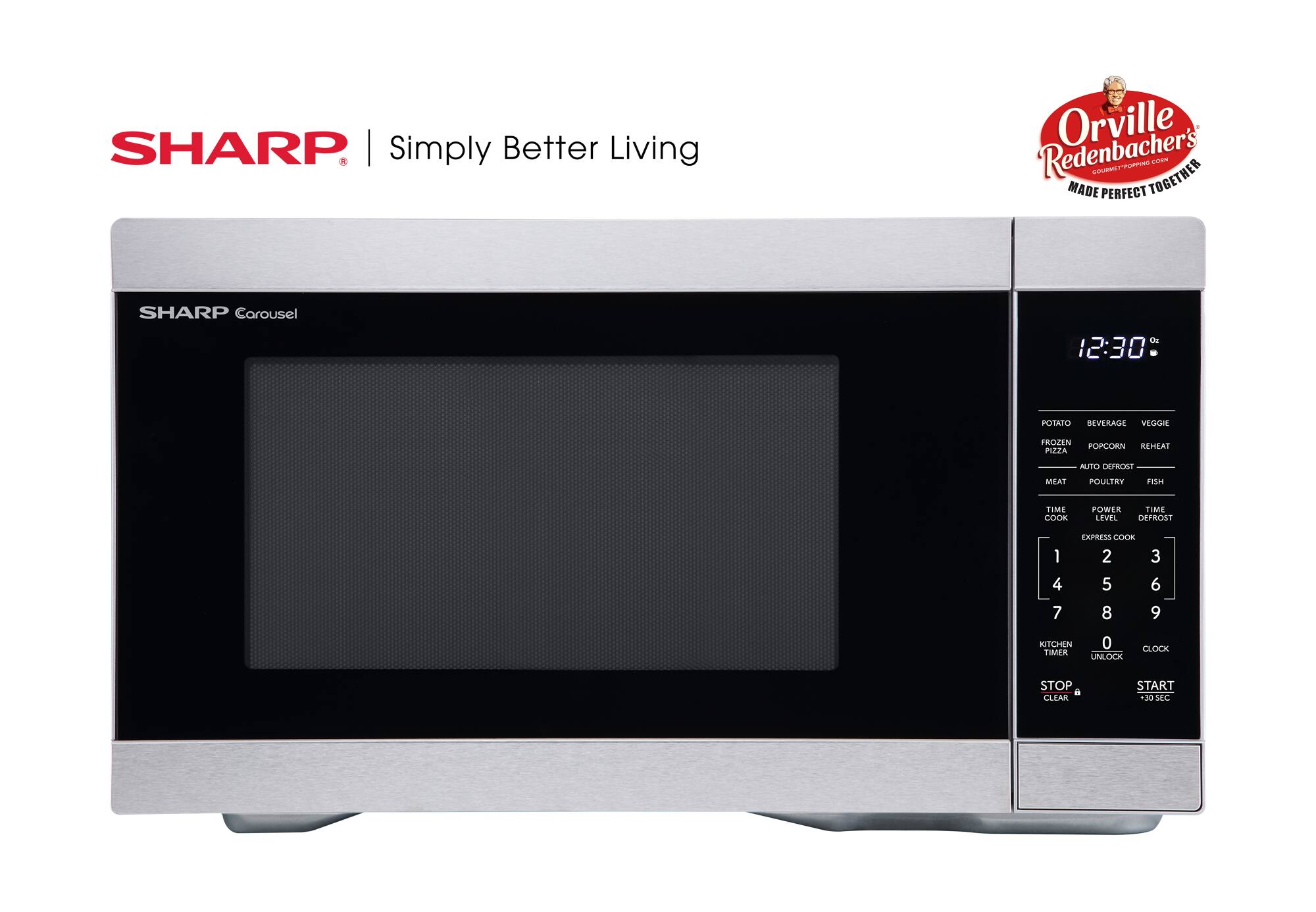 SHARP | Simply Better Living  
Orville Redenbacher's  
Gourmet Popping Corn  
MADE PERFECT TOGETHER  

SHARP Carousel  
12:30  

POTATO  
BEVERAGE  
VEGGIE  
FROZEN PIZZA  
POPCORN  
REHEAT  
MEAT  
POULTRY  
FISH  
AUTO DEFRST  
TIME COOK  
POWER LEVEL  
TIME DEFRST  
EXPRESS COOK  
KITCHEN TIMER  
UNLOCK  
CLOCK  
STOP CLEAR  
START +30 SEC