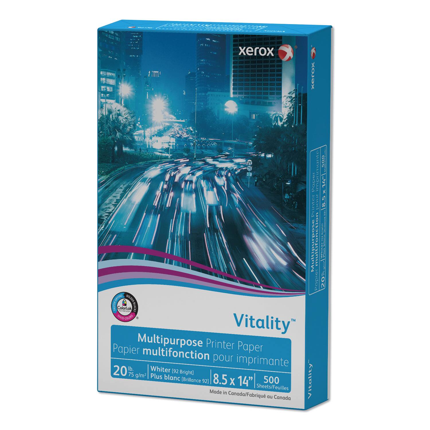 Sure, here is the corrected and grouped text from the image:

---

**Xerox**

**Vitality™**

**Multipurpose Printer Paper**  
**Papier multifonction pour imprimante**

- **20 lb**  
- **75 g/m²**  
- **White (92 Bright)**  
- **Plus blanc (Brillance 92)**

**8.5 x 14"**  
**500 Sheets/Feuilles**

**Made in Canada/Fabriqué au Canada**

---

**ColorLock**  
**Color Lock**

**Multipurpose Printer Paper**  
**Papier multifonction pour imprimante**

**20 lb**  
**75 g/m²**  
**White (92 Bright)**  
**Plus blanc (Brillance 92)**

**8.5 x 14"**  
**500 Sheets/Feuilles**

**Made in Canada/Fabriqué au Canada**

---