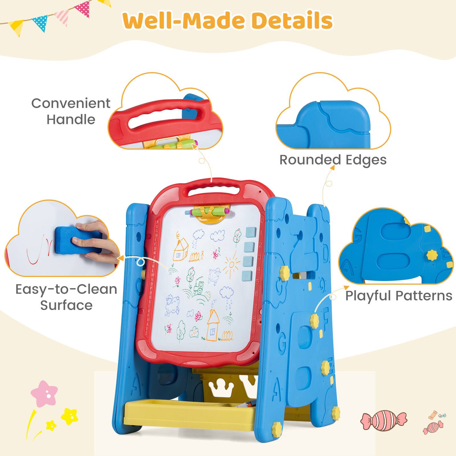 Well-Made Details  
Convenient Handle  
Easy-to-Clean Surface  
Rounded Edges  
Playful Patterns