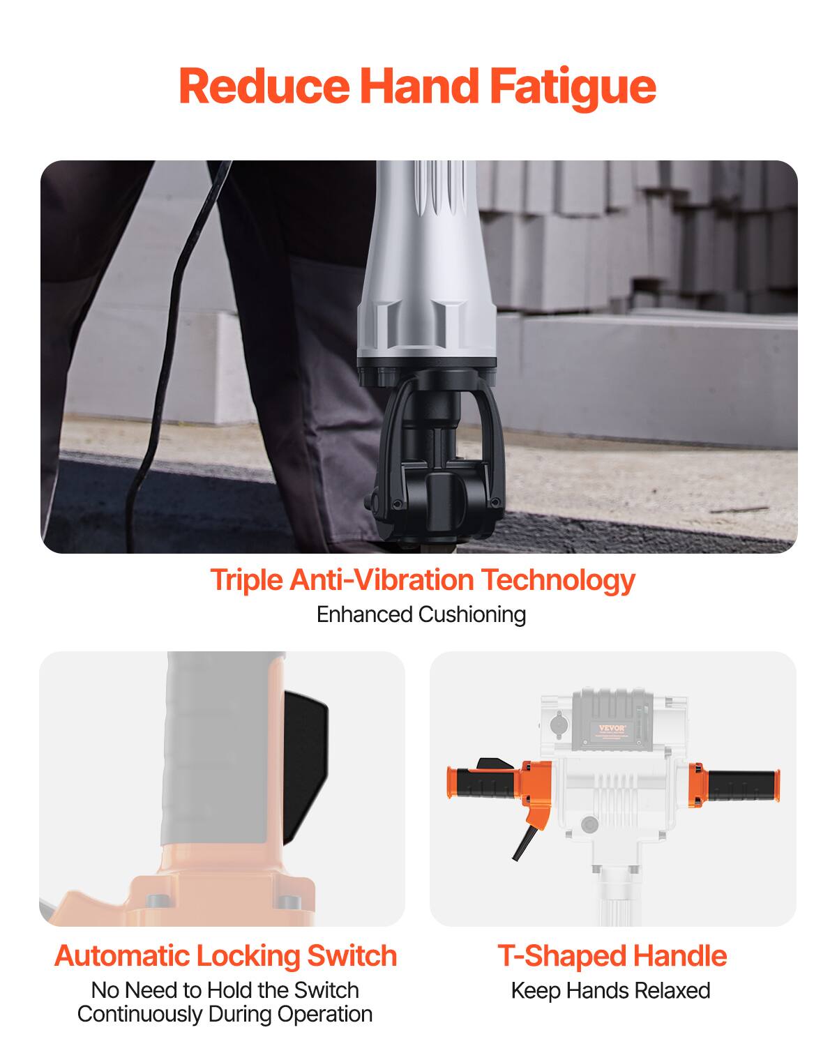 Reduce Hand Fatigue

Triple Anti-Vibration Technology Enhanced Cushioning

Automatic Locking Switch No Need to Hold the Switch Continuously During Operation

T-Shaped Handle Keep Hands Relaxed