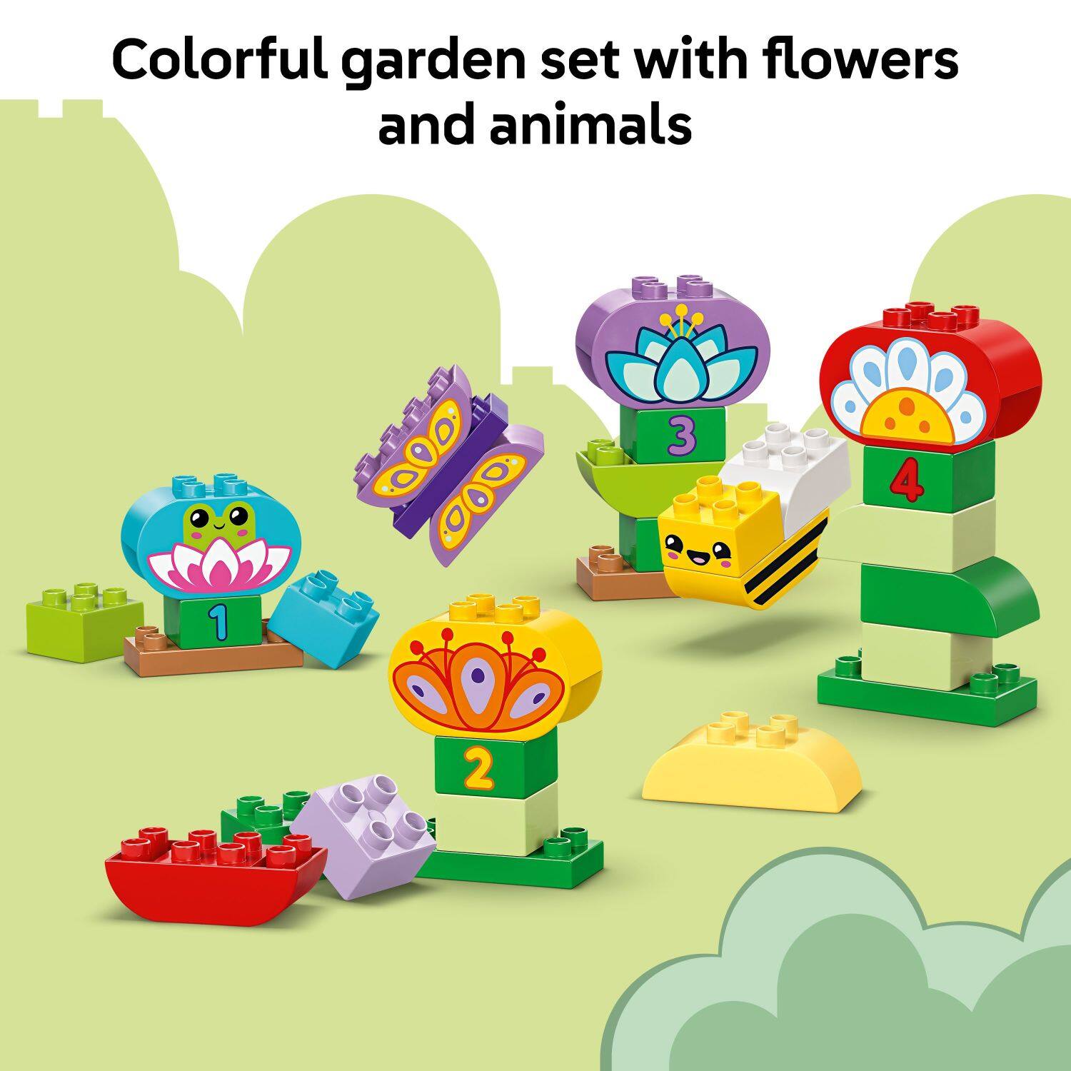 Colorful garden set with flowers and animals 1 2 3 4 5 6