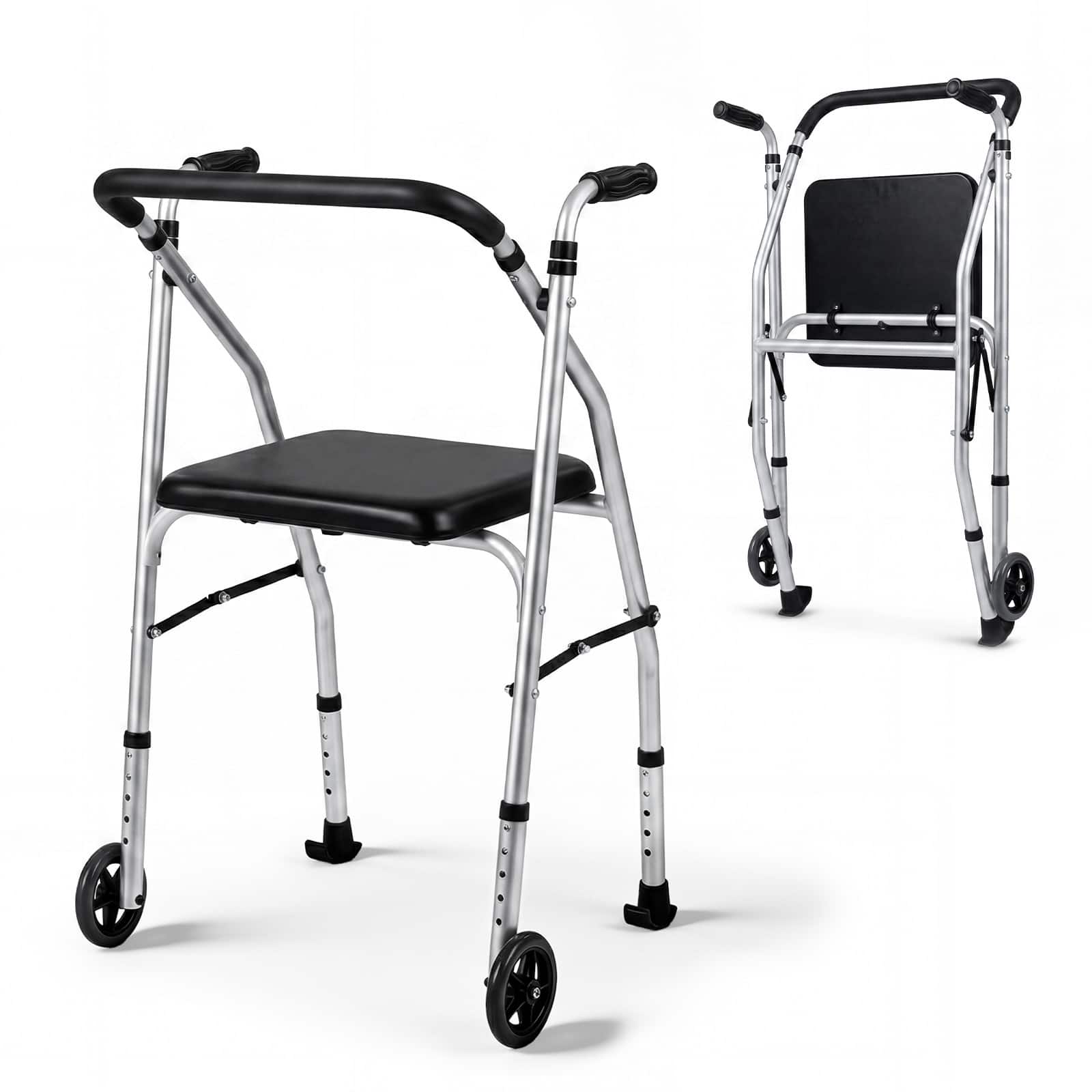 Costway - Folding Walker for Seniors, Lightweight Aluminum Mobility Walker with 2 Wheels - Silver