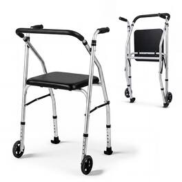 Costway - Folding Walker for Seniors, Lightweight Aluminum Mobility Walker with 2 Wheels - Silver