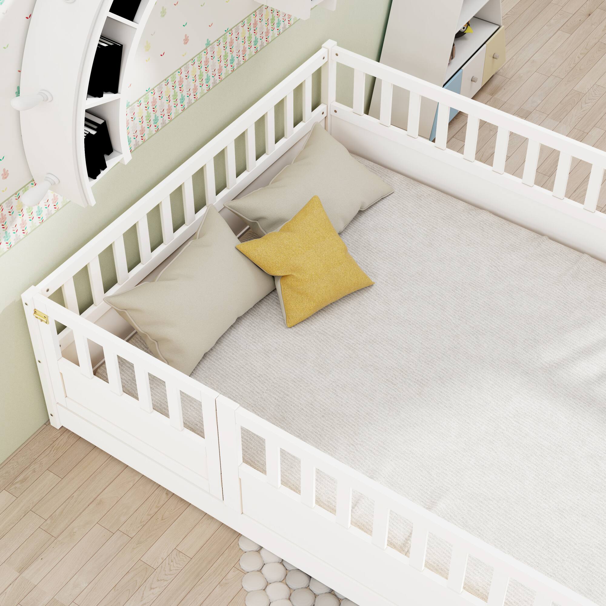 Alt View 4. GOODSILO - Full Size Floor Bed with High Security Barrier and Door for Children, Montessori Style Wooden Frame - White.