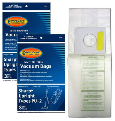 A MUST FOR ALLERGY SUFFERERS!!
844 EnviroCare TECHNOLOGIES Micro Filtration Vacuum Bags
99.7% Filtration Traps Microscopic Particles and Allergens
Designed to Fit: Sharp Upright Types PU-2
3 BAGS
A MUST FOR ALLERGY SUFFERERS!!
844 EnviroCare TECHNOLOGIES Micro Filtration Vacuum Bags
99.7% Filtration Traps Microscopic Particles and Allergens
Designed to Fit: Sharp Upright Types PU-2
3 BAGS
IMPORTANT
1. UNPLUG CORD BEFORE CHANGING BAGS.
2. DO NOT OVERFILL BAG.
3. CHANGE BAG FREQUENTLY TO MAINTAIN VACUUM EFFICIENCY.
IMPORTANT
1. DÉBRANCHEZ LE CORDON AVANT DE CHANGER LE BAG.
2. NE PAS SURCHARGER LE BAG.
3. CHANGER LE BAG FRÉQUENTEMENT POUR MAINTENIR L'EFFICACITÉ DE VOTRE ASPIRATEUR.
IMPORTANT
1. DESCONECTE