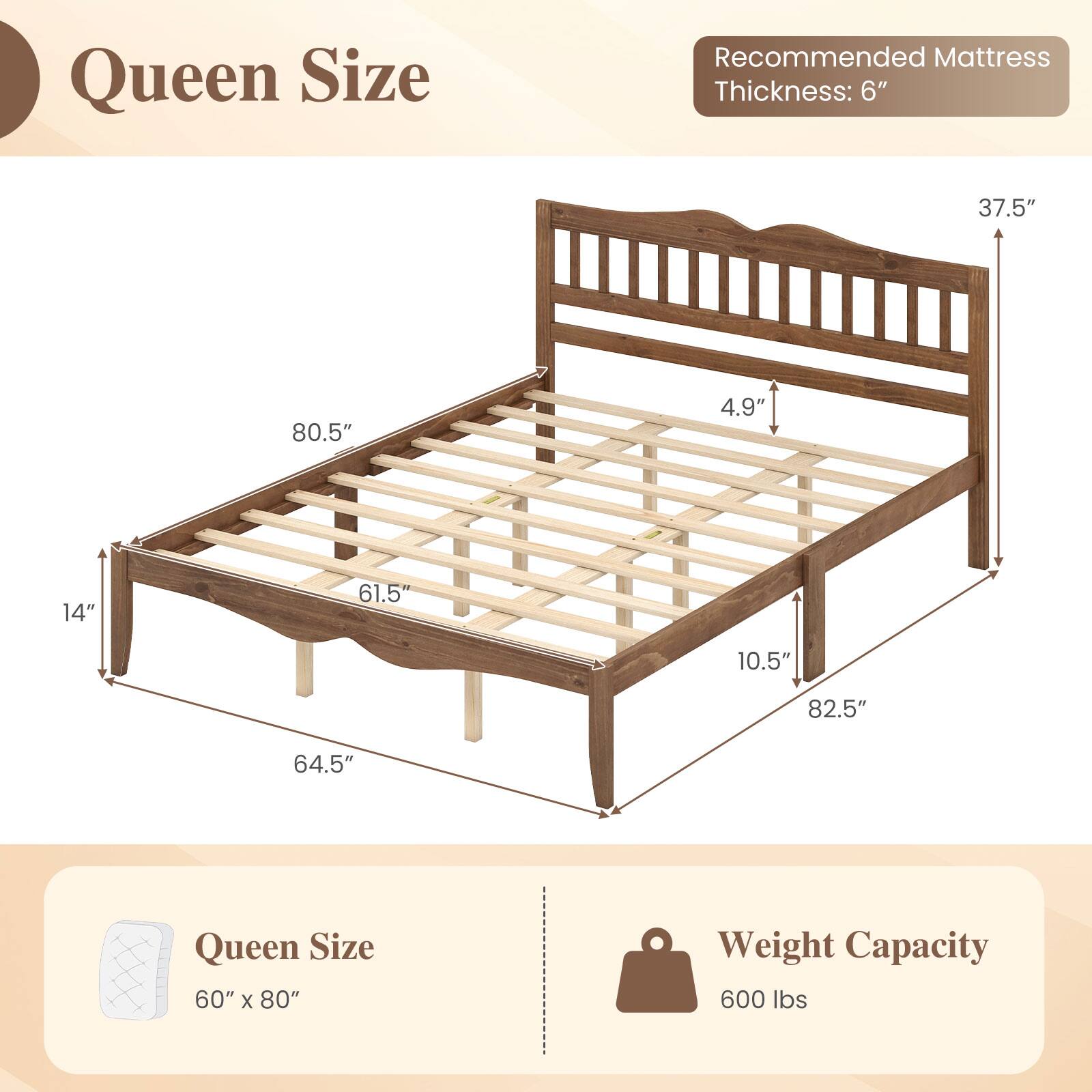 Queen Size  
Recommended Mattress Thickness: 6"  
37.5"  
80.5"  
4.9"  
14"  
61.5"  
10.5"  
82.5"  
64.5"  
Queen Size 60" X 80"  
Weight Capacity 600 lbs