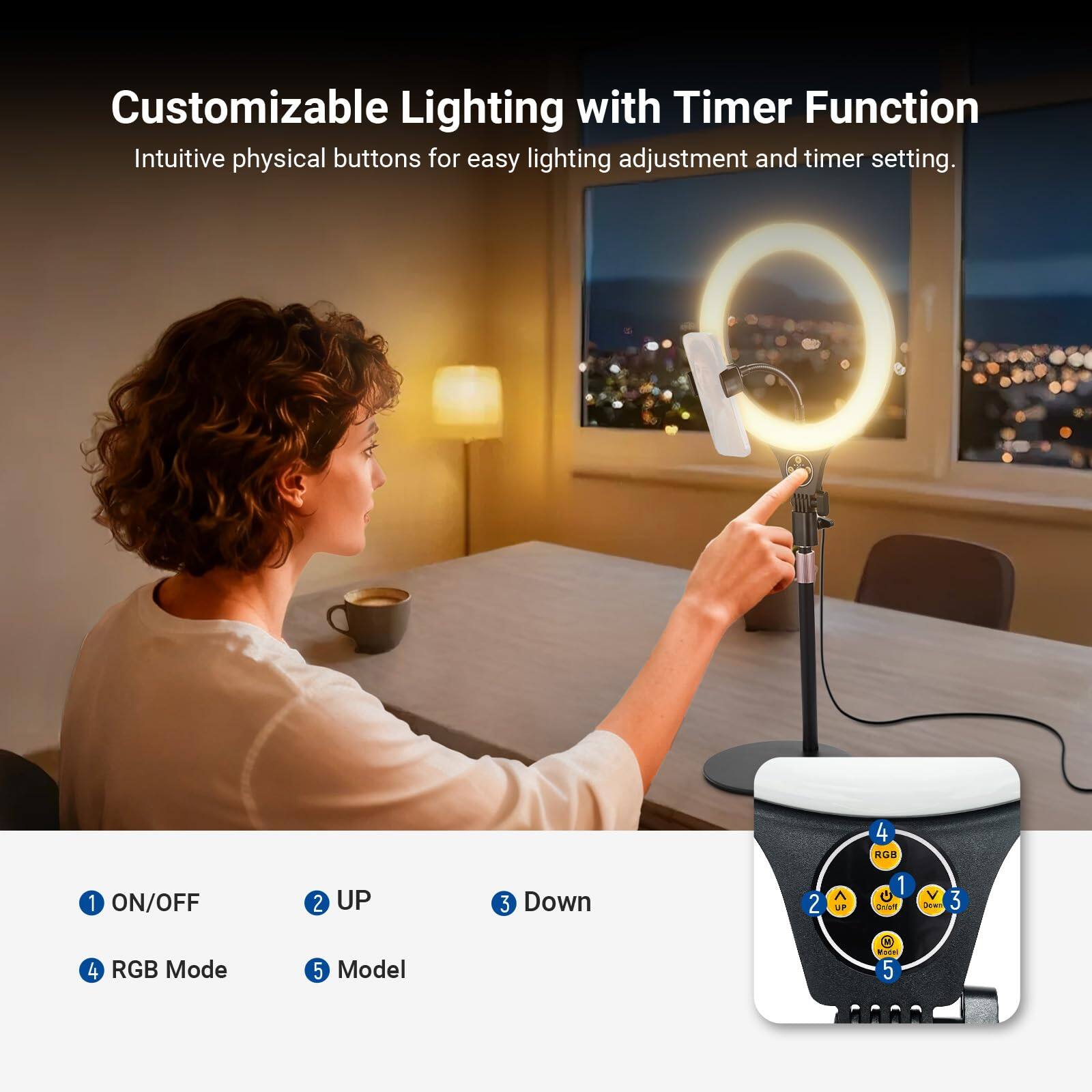 Customizable Lighting with Timer Function  
Intuitive physical buttons for easy lighting adjustment and timer setting.

1. ON/OFF  
2. UP  
3. Down  
4. RGB Mode  
5. Model