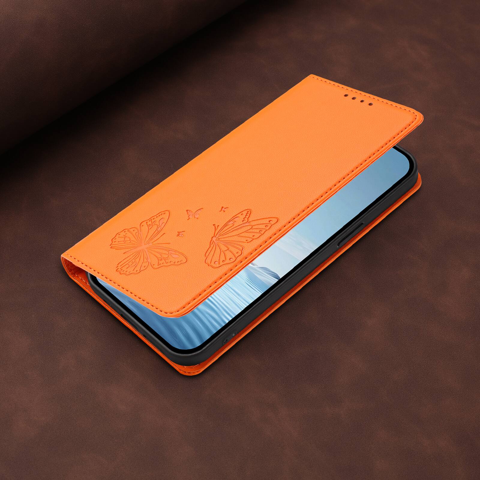 Alt View 6. Dteck - For Motorola Moto G Play (2026) Butterfly Embossed PU Leather RFID Blocking Flip Kickstand Wallet Case with Card Slots - Orange.