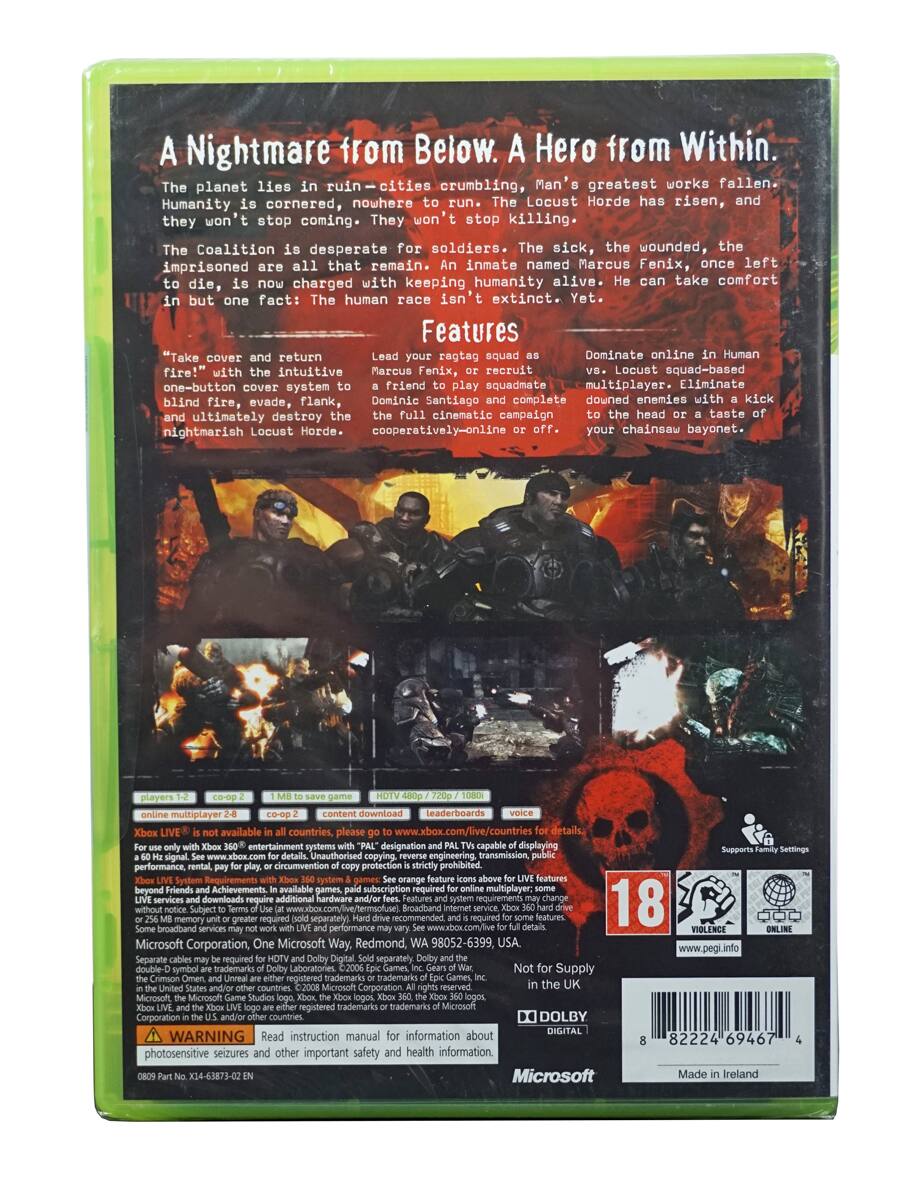 A Nightmare from Below. A Hero from Within.

The planet lies in ruin—cities crumbling, Man's greatest works fallen. Humanity is cornered, nowhere to run. The Locust Horde has risen, and they won't stop coming. They won't stop killing. The Coalition is desperate for soldiers. The sick, the wounded, the imprisoned are all that remain. An inmate named Marcus Fenix, once left to die, is now charged with keeping humanity alive. He can take comfort in but one fact: The human race isn't extinct. Yet.

Features:
- "Take cover and return fire!" with the intuitive one-button cover system.
- Lead your ragtag squad or recruit a friend to play squadmate.
- Dominate online in Human vs. Locust squad-based multiplayer. Eliminate blind fire, evade, flank, and ultimately destroy the full cinematic campaign cooperatively.
- Dominate Santiago and complete downed enemies with a kick to the head or a taste of your chainsaw bayonet.

Online multiplayer 2-8 players, co-op 2 players, content download, leaderboards available. For Xbox LIVE details, visit www.xbox.com/live/countries.

Xbox LIVE is not available in all countries. Please go to www.xbox.com for