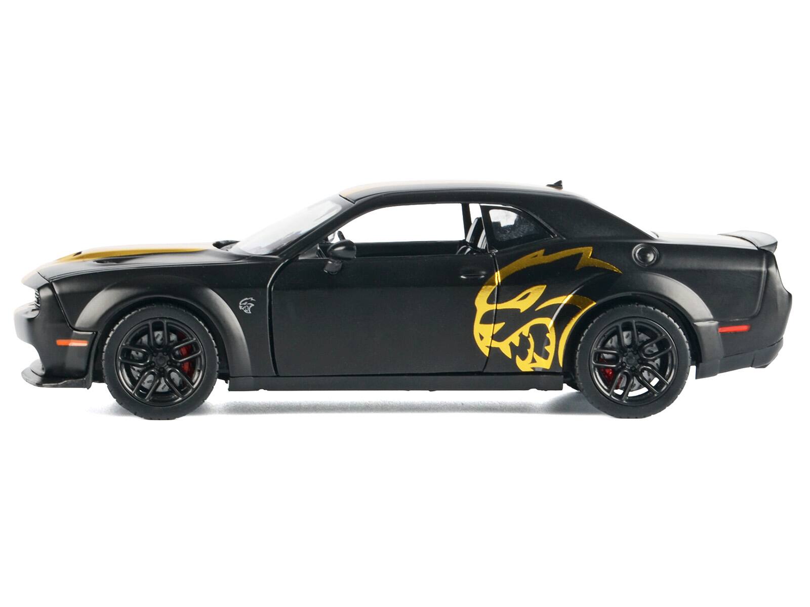 Alt View 1. Motormax - 2018 Dodge Challenger SRT Hellcat Widebody Matt Black with Gold & Graphics "Midnight Eclipse" 1/24 Model Car by Motormax.