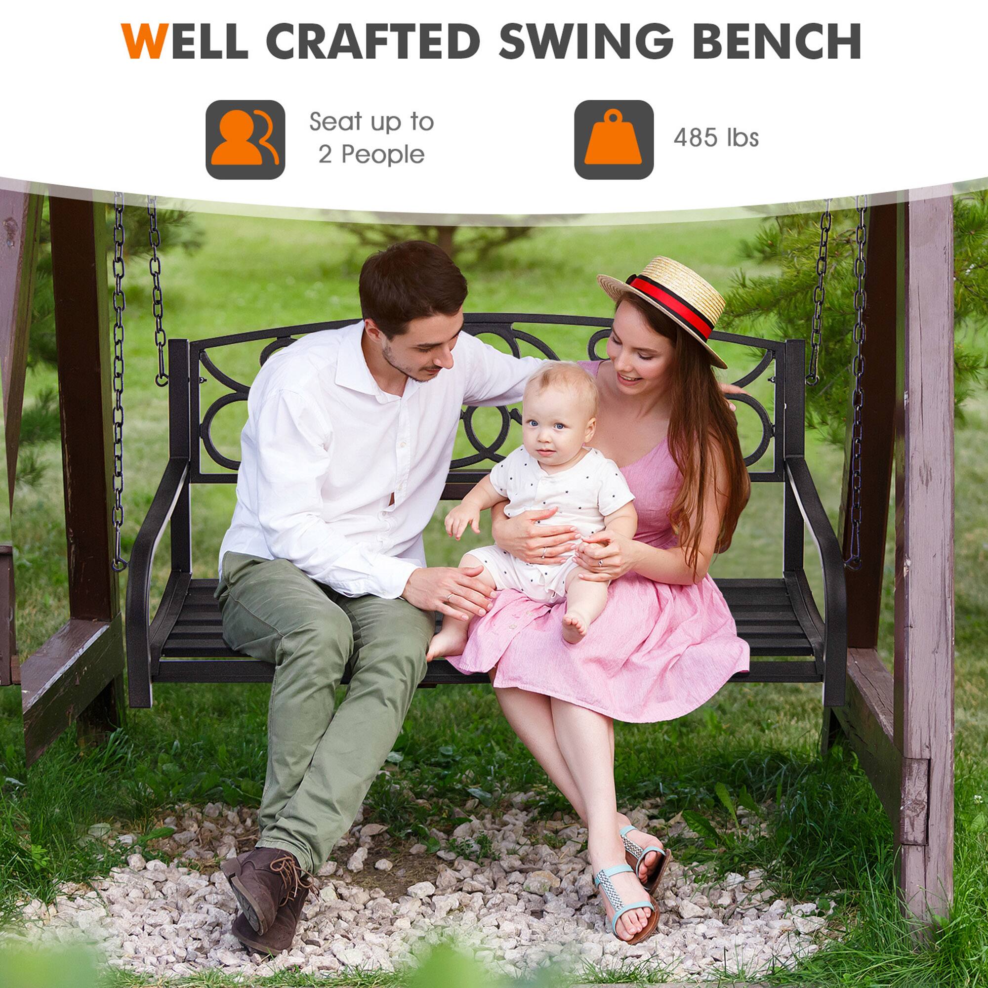 Alt View 4. Gymax - Gymax Patio Hanging Porch Swing Outdoor 2-Person Metal Swing Bench Chair w/ Chains Brown - Brown.