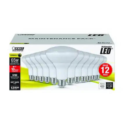 MAINTENANCE PACK
FEIT Electric
DIMMABLE 65W
REPLACEMENT USES ONLY 10.5W
10 Years 11,000 Hours
$7.80
Approximate Energy Saving per pack
Performance LED
VALUE 12 PACK
SOFT WHITE 2700K
12 BR30
650 Lumens
Estimated Energy Cost $1.26 per year
