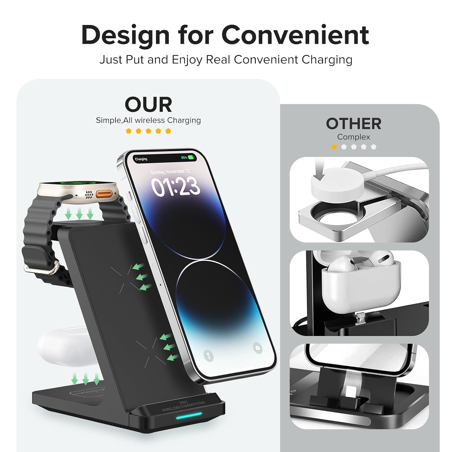 Design for Convenient  
Just Put and Enjoy Real Convenient Charging  

OUR  
Simple, All wireless Charging  

OTHER  
Complex  

Sunday, November 13  
01:23