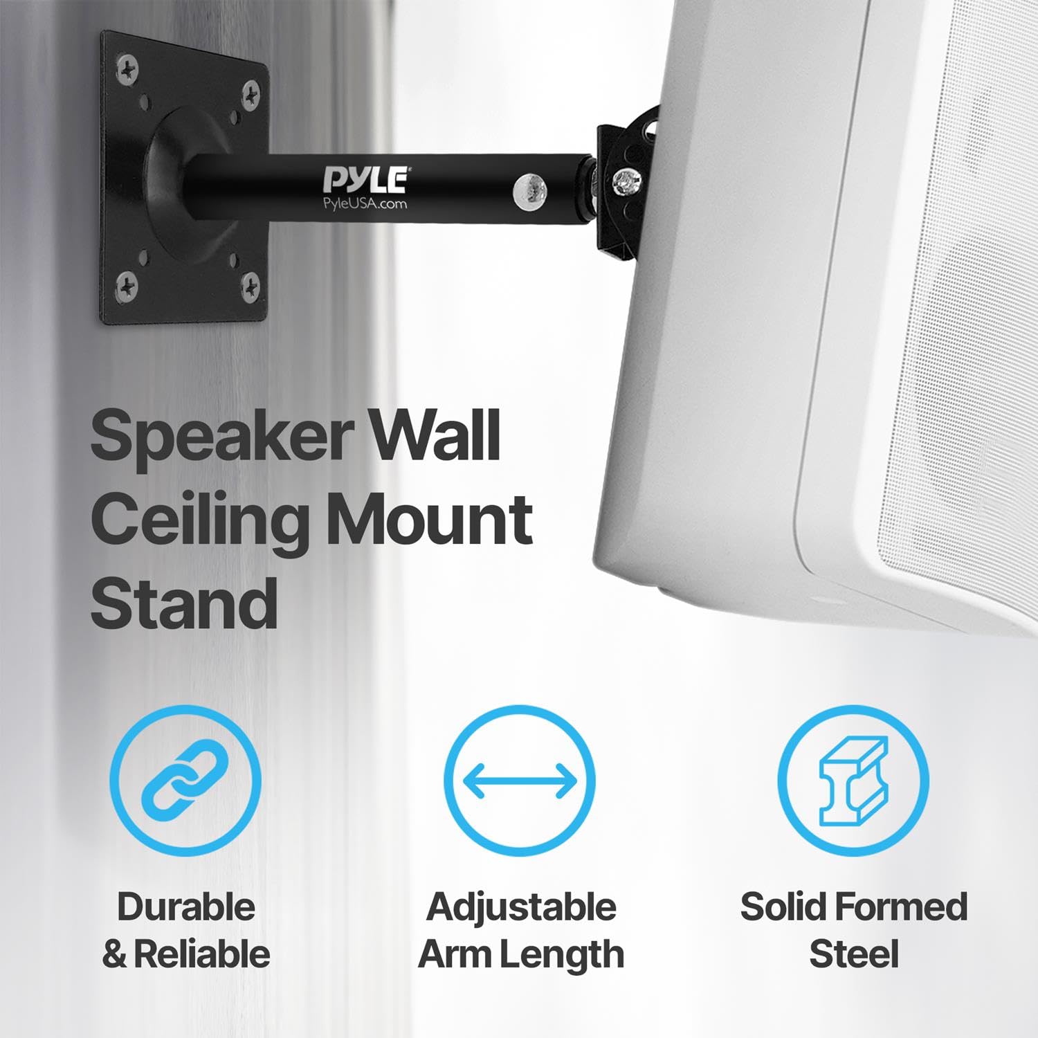 PYLE PyleUSA.com Speaker Wall Ceiling Mount Stand  
Durable & Reliable  
Adjustable Arm Length  
Solid Formed Steel