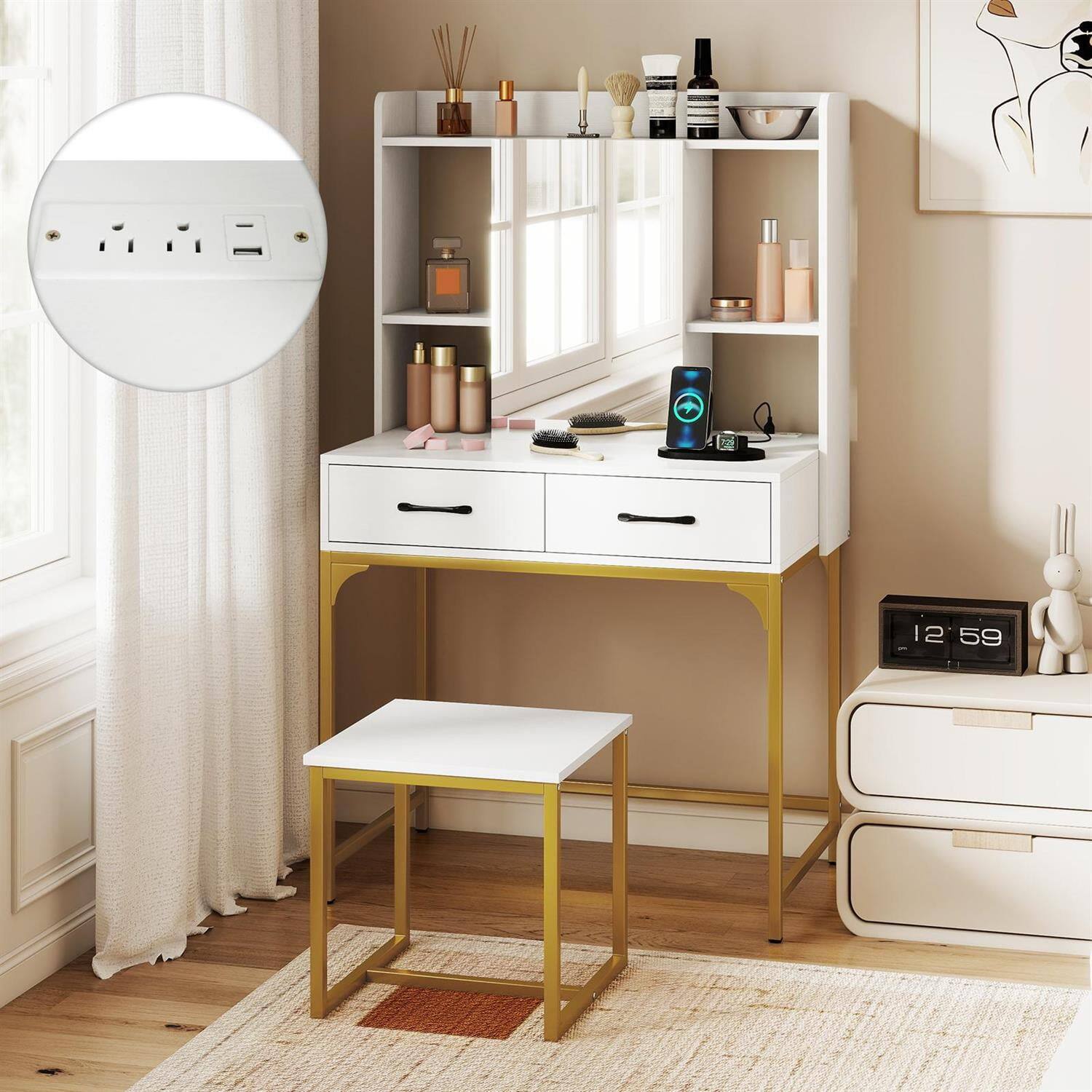 Alt View 1. Pefilos - Vanity Desk with Hidden Mirror, Built-In Charging Station, 5 Storage Shelves, Anti-Tipping Structure, Space-Saving White - White.