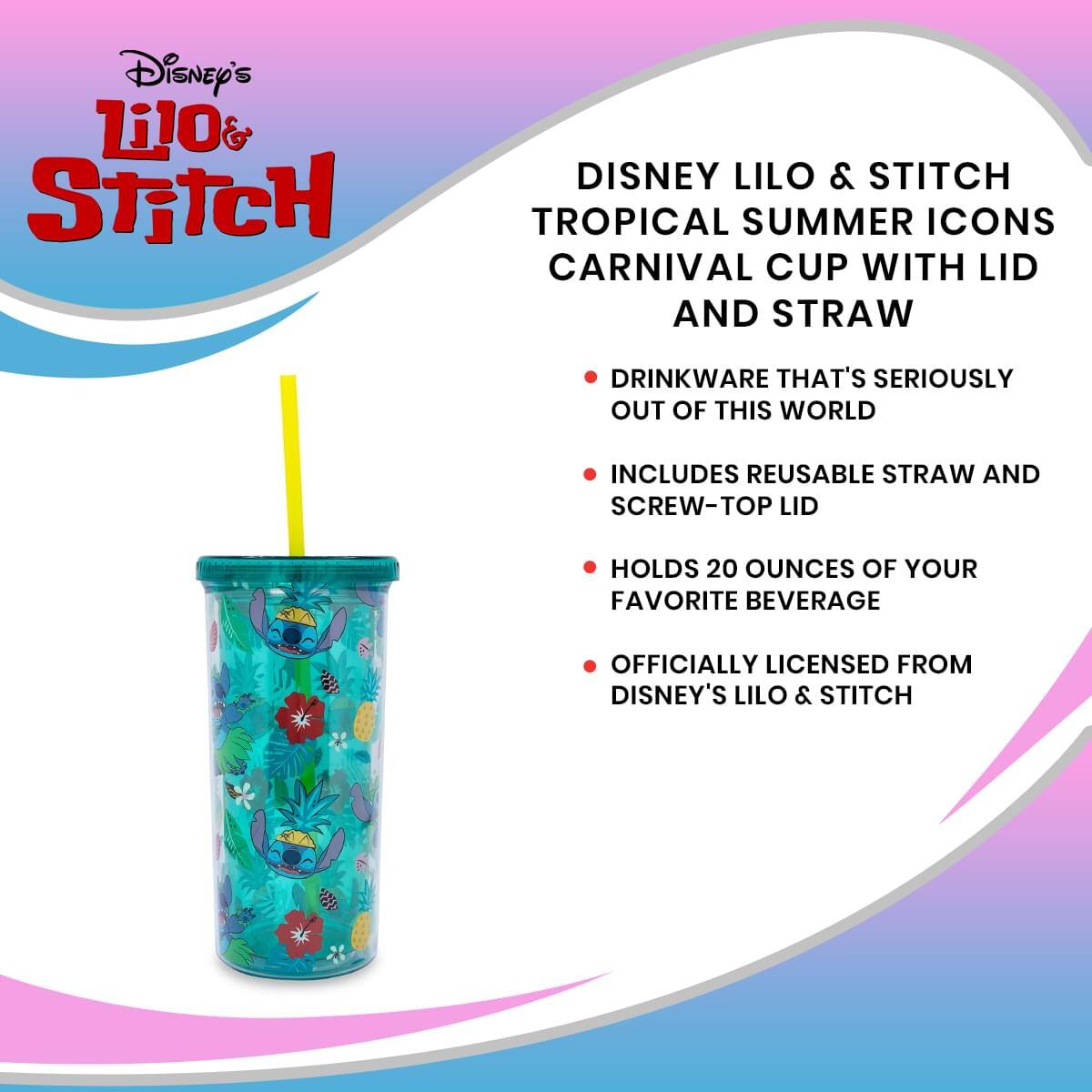 Disney's Lilo & Stitch

Disney Lilo & Stitch Tropical Summer Icons Carnival Cup with Lid and Straw

- Drinkware that's seriously out of this world
- Includes reusable straw and screw-top lid
- Holds 20 ounces of your favorite beverage
- Officially licensed from Disney's Lilo & Stitch