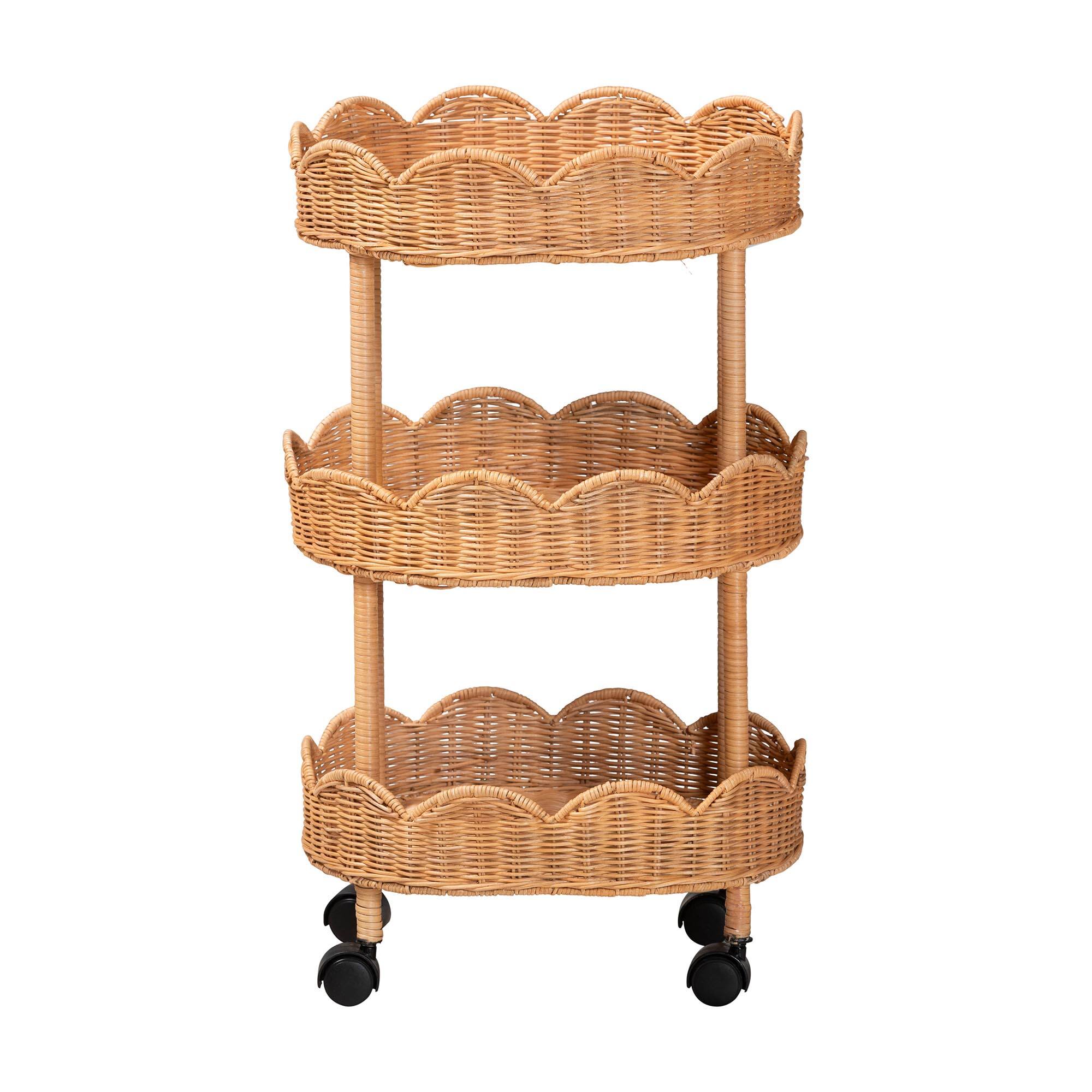 Angle. bali & pari - bali & pari Bulana Natural Rattan 3-Tier Rolling Storage Cart - Light Honey.