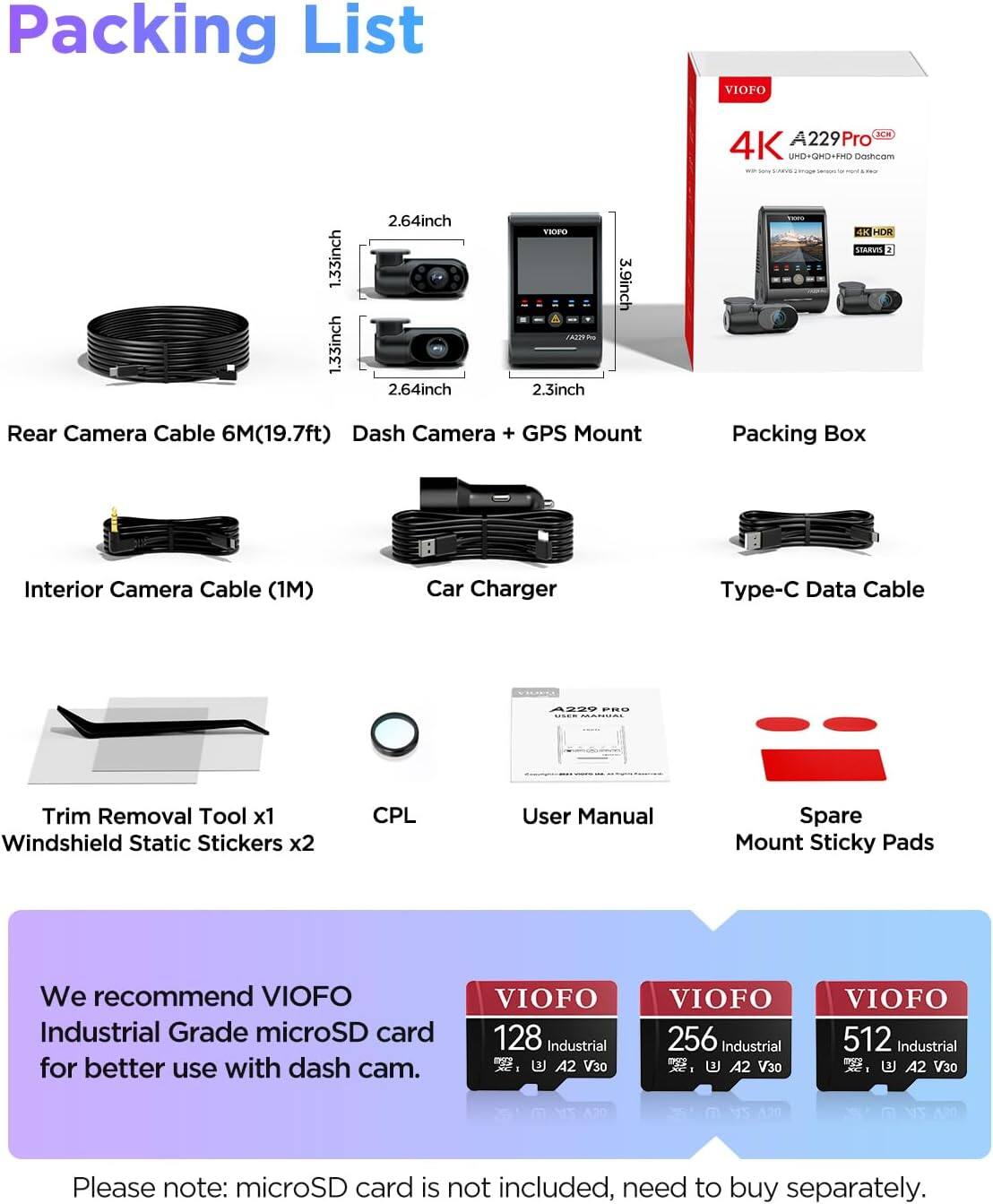 VIOFO A229 Pro 3CH 4K Dash Cam, STARVIS 2, 4K+2K+1080P Front/Rear