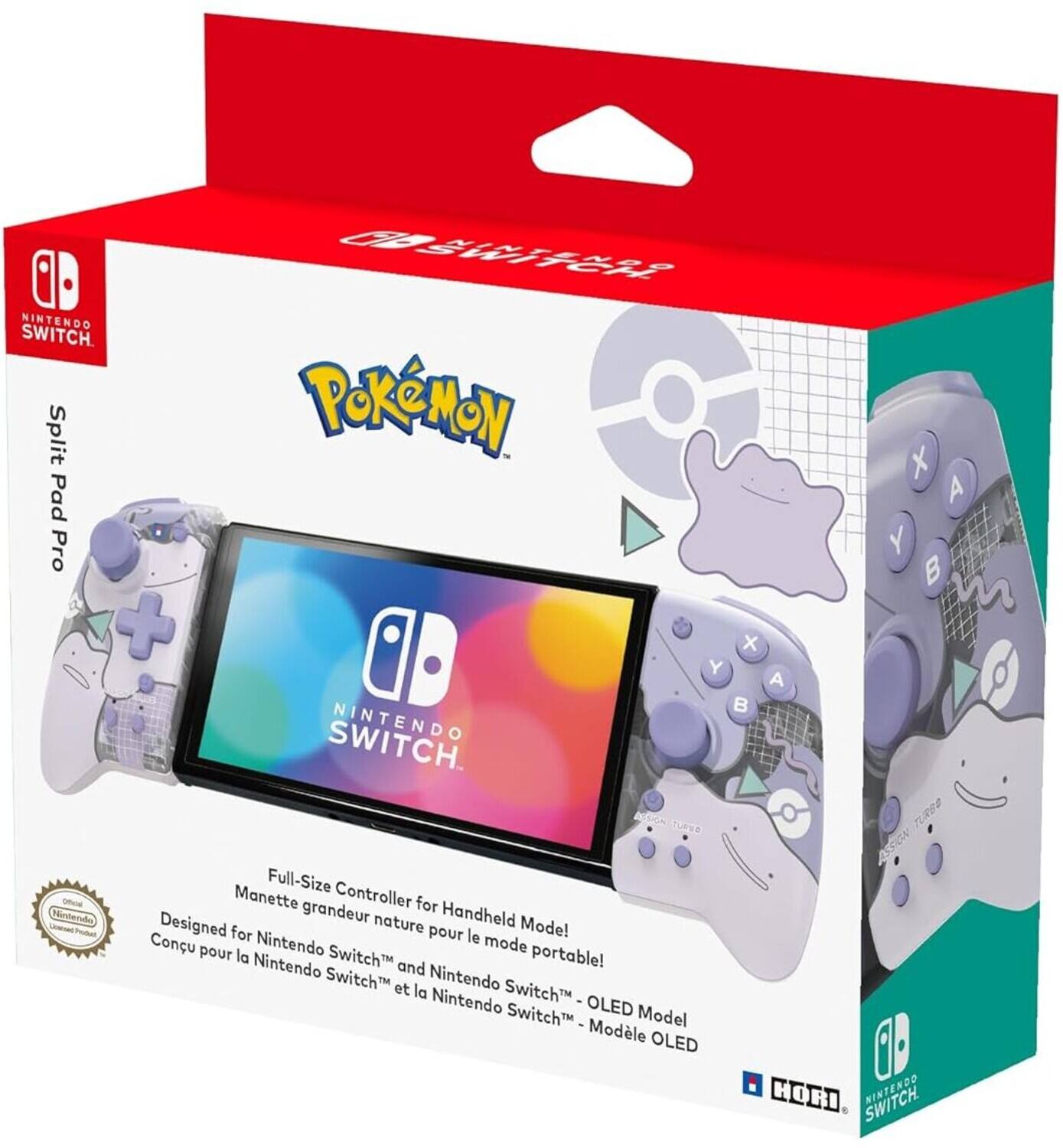 NINTENDO SWITCH  
Split Pad Pro + 08  
POKÉMON x Y A  

NINTENDO SWITCH  
X A Y B  

Full-Size Controller for Handheld Mode!  
Manette grandeur nature pour le mode Conu pour la Nintendo Switch portable!  
Conçu pour la Nintendo Switch™ et la Nintendo Switch™ OLED Model  

Nintendo Switch™ - Modèle OLED  
HORI  
SWITCH
