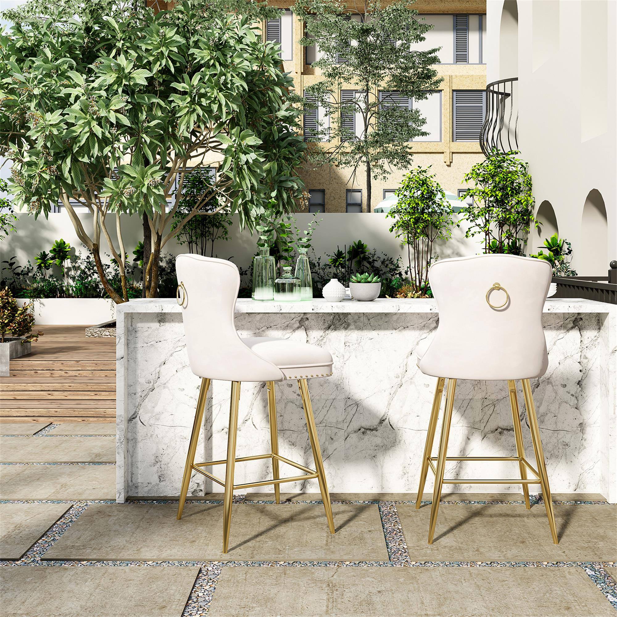 Alt View 2. Boyel Living - Beige Bar Stools Set of 2 Velvet Counter Height Bar Stools with Metal Legs Button Tufted and Nailheads Trim - Beige.