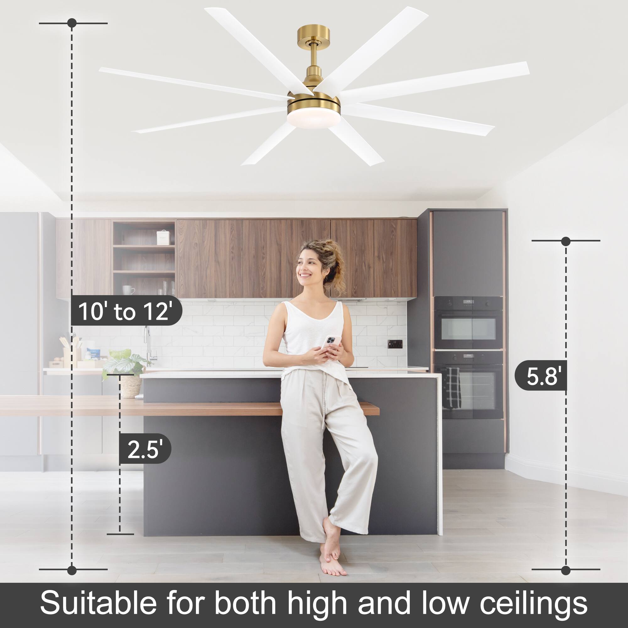 10' to 12'  
5.8'  
2.5'  
Suitable for both high and low ceilings