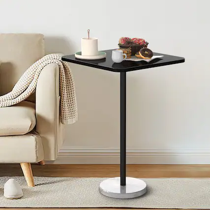 Front. Oumilen - Black Wood Top Side Table with White Marble Base - Black.