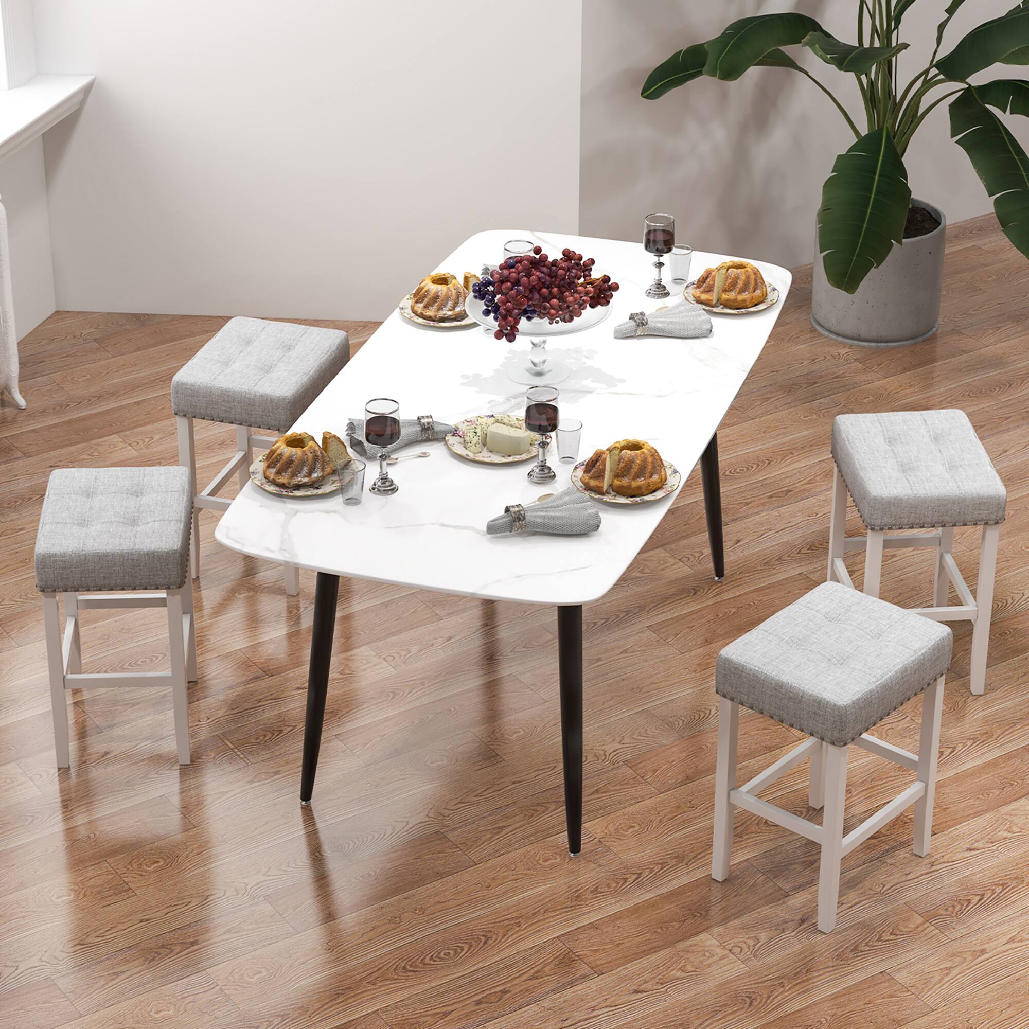 Alt View 4. Costway - Set of 2 Bar Stools Tufted Upholstered Counter Height Chairs with Rubber Wood Legs - White/Gray.