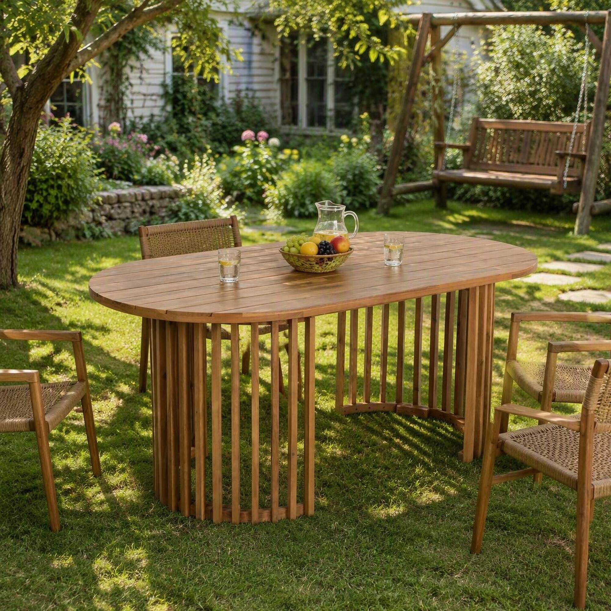 Alt View 2. RYHNUYNE - Outdoor Dining Table,Light Teak Oval Patio Table with Slatted Legs,Large Garden Table for 6-8 People - Light Teak.