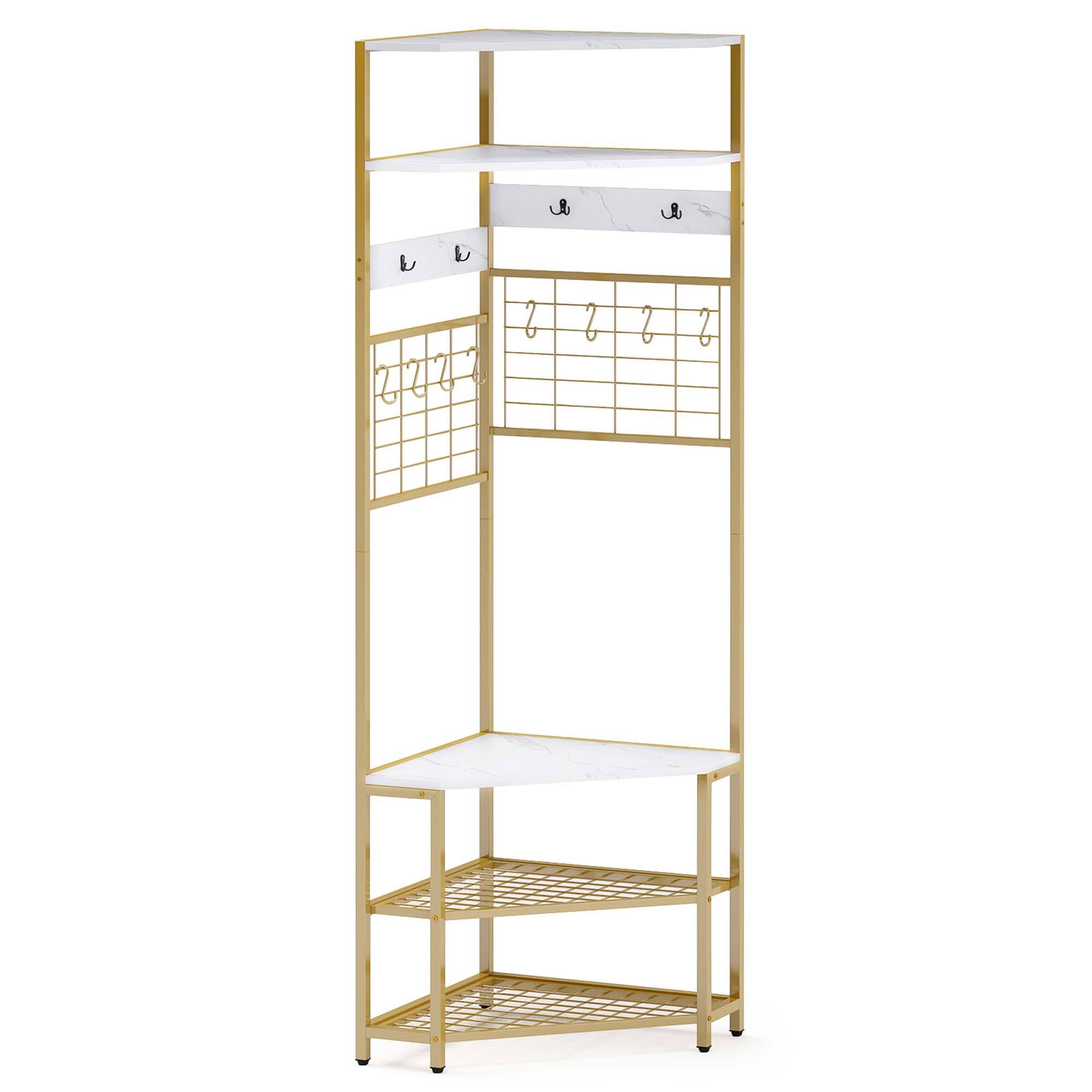 Alt View 9. Gymax - Gymax 5-Tier Corner Hall Tree w/ Shoe Storage Bench 12 Metal Hooks for Living Room White & Gold - White, Gold.