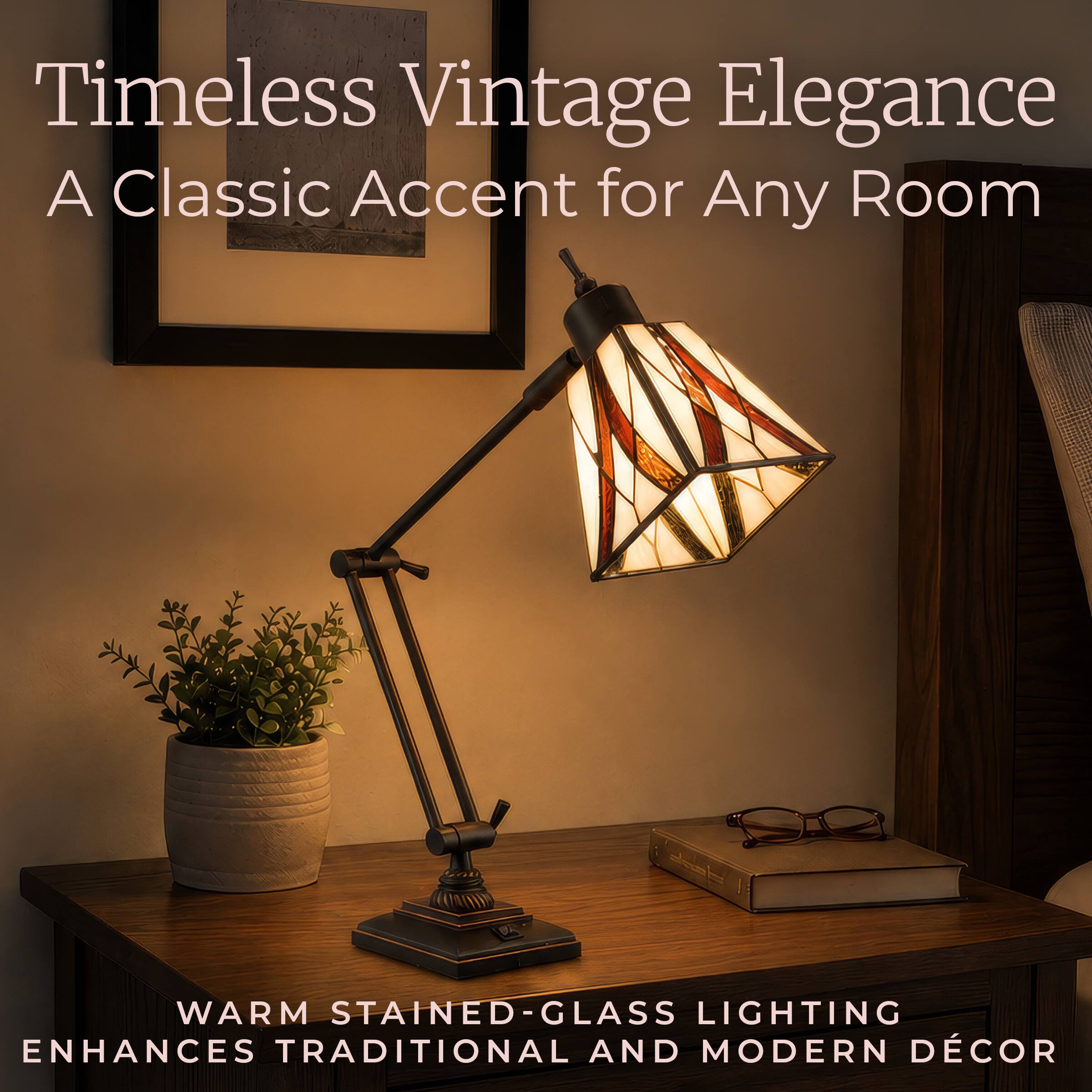 Timeless Vintage Elegance  
A Classic Accent for Any Room

WARM STAINED-GLASS LIGHTING  
ENHANCES TRADITIONAL AND MODERN DÉCOR