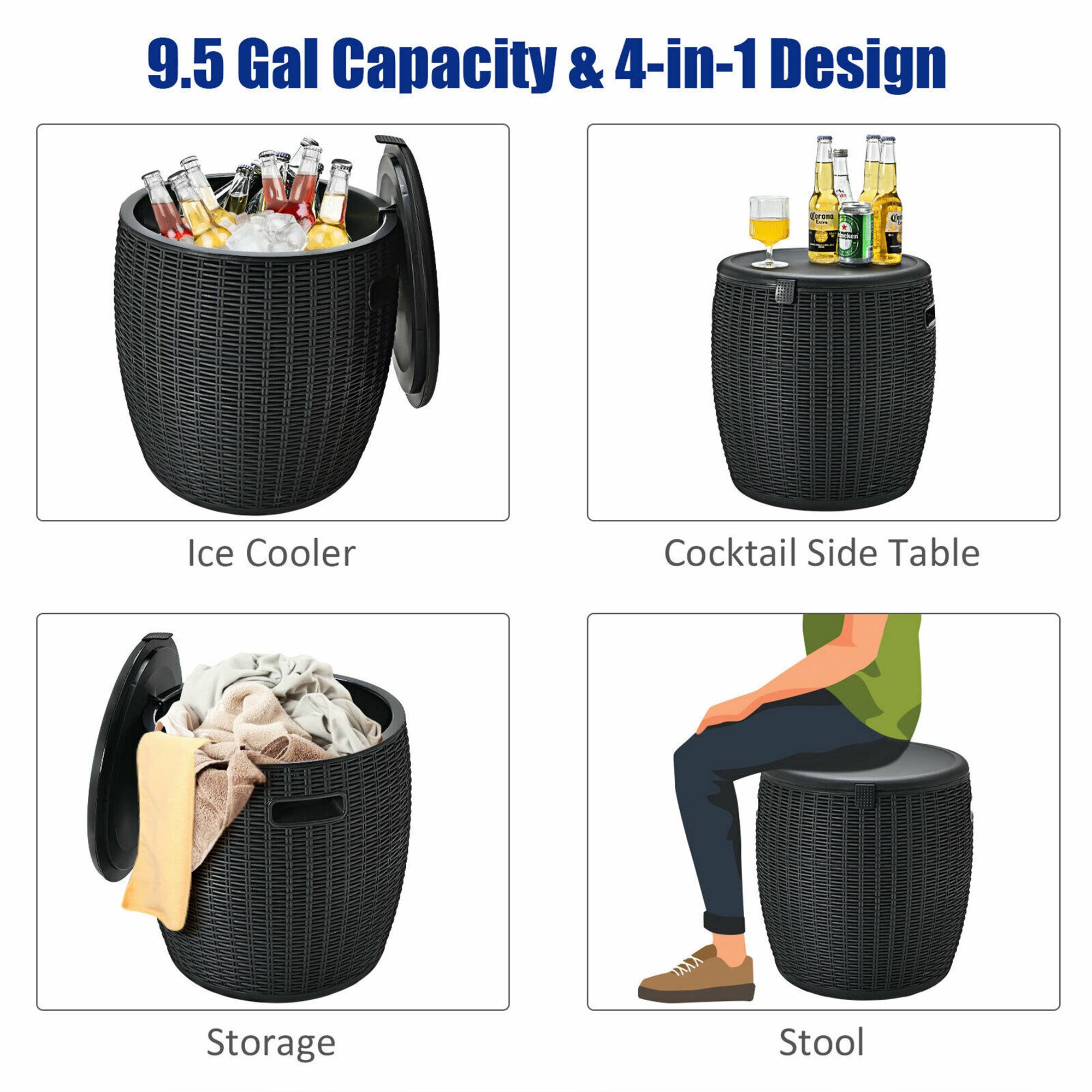 9.5 Gal Capacity & 4-in-1 Design

- Ice Cooler
- Cocktail Side Table
- Storage
- Stool