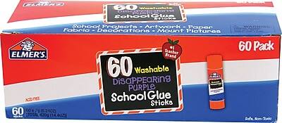 ELMER'S Teacher Brand 60 Washable Disappearing Purple School Glue Sticks  
60 Pack  
60 Washable School Glue Sticks  
School Projects - Artwork - Paper - Fabric - Decorations - Mount Pictures  
60 (0.24 oz) Total 420g (14.4 oz)  
Safe, Non-Toxic
