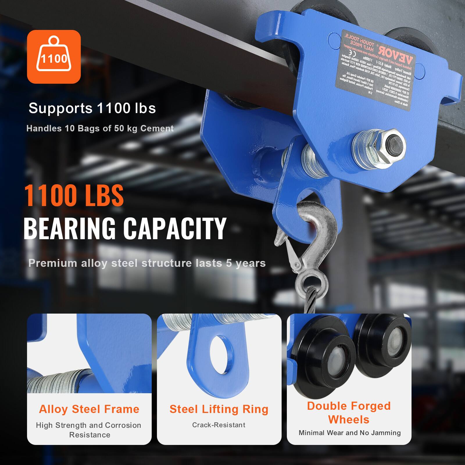 Supports 1100 lbs  
Handles 10 Bags of 50 kg Cement  

1100 LBS BEARING CAPACITY  
Premium alloy steel structure lasts 5 years  

Alloy Steel Frame  
High Strength and Corrosion Resistance  

Steel Lifting Ring  
Crack-Resistant  

Double Forged Wheels  
Minimal Wear and No Jamming