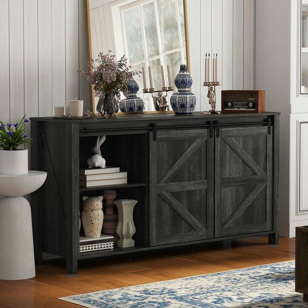 Angle. Kadyn - 60" Farmhouse Sideboard with 2 Sliding Barn Doors and Storage Drawers, Dark Gray - Gray.