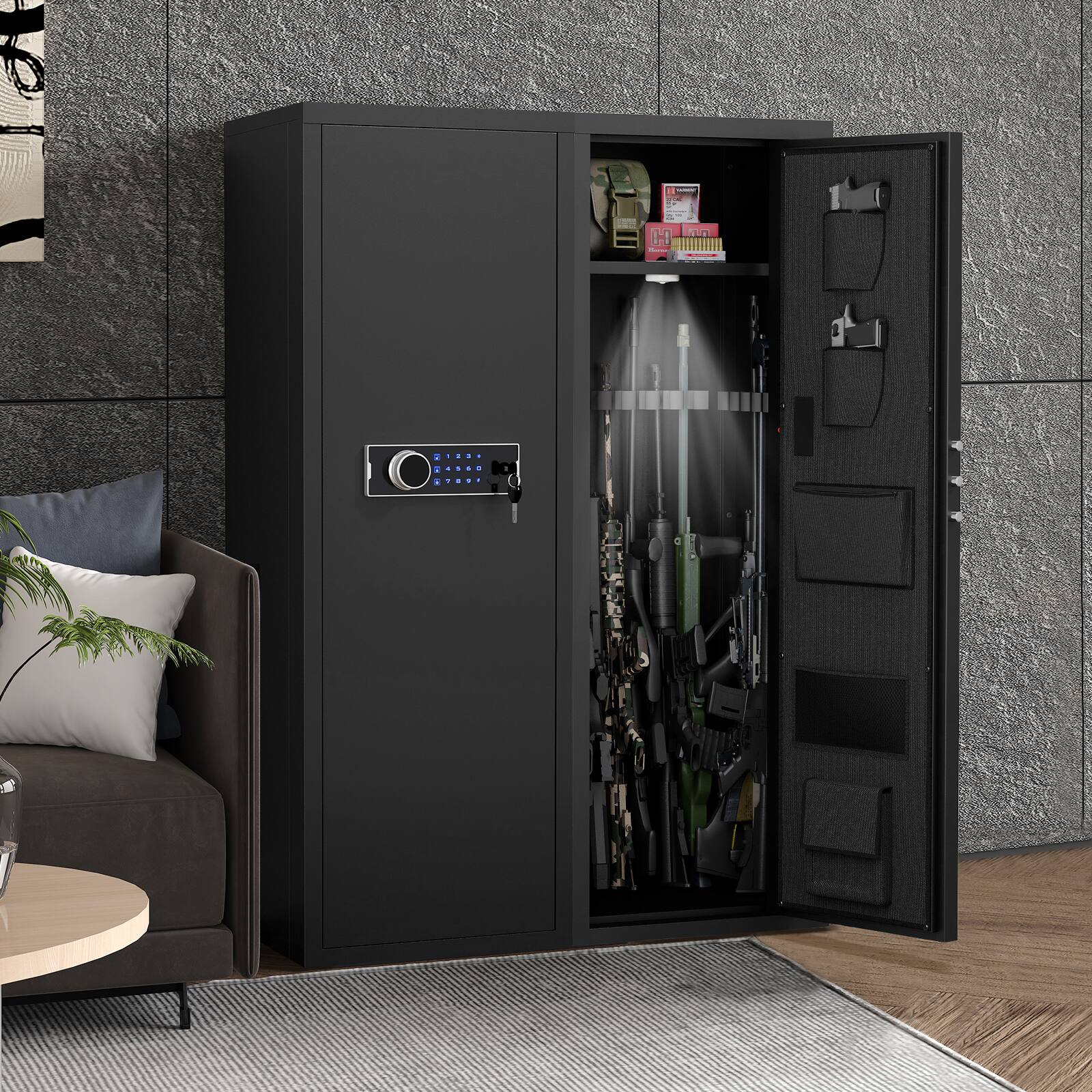 Back. Spaco - Heavy Duty Large Gun Cabinet, 5 to 8 Rifle Safe Locker with Electronic Keypad Lock, Metal Security Storage - Black.